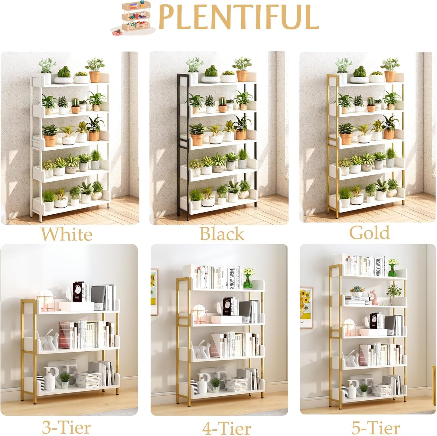 Wide Open Shelf Bookcase - Modern 4-Tier Floor Standing Display Bookshelf with Three-Side Baffles for Home and Office, Storage Shelving in Warm White with Gold Frame