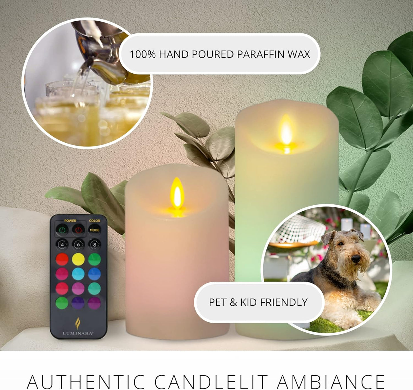 Luminara Flameless Color Changing LED Candle 3" x 4.5", Real Wax Moving Flame, Battery Operated with 18 Button Remote, Unscented Safe