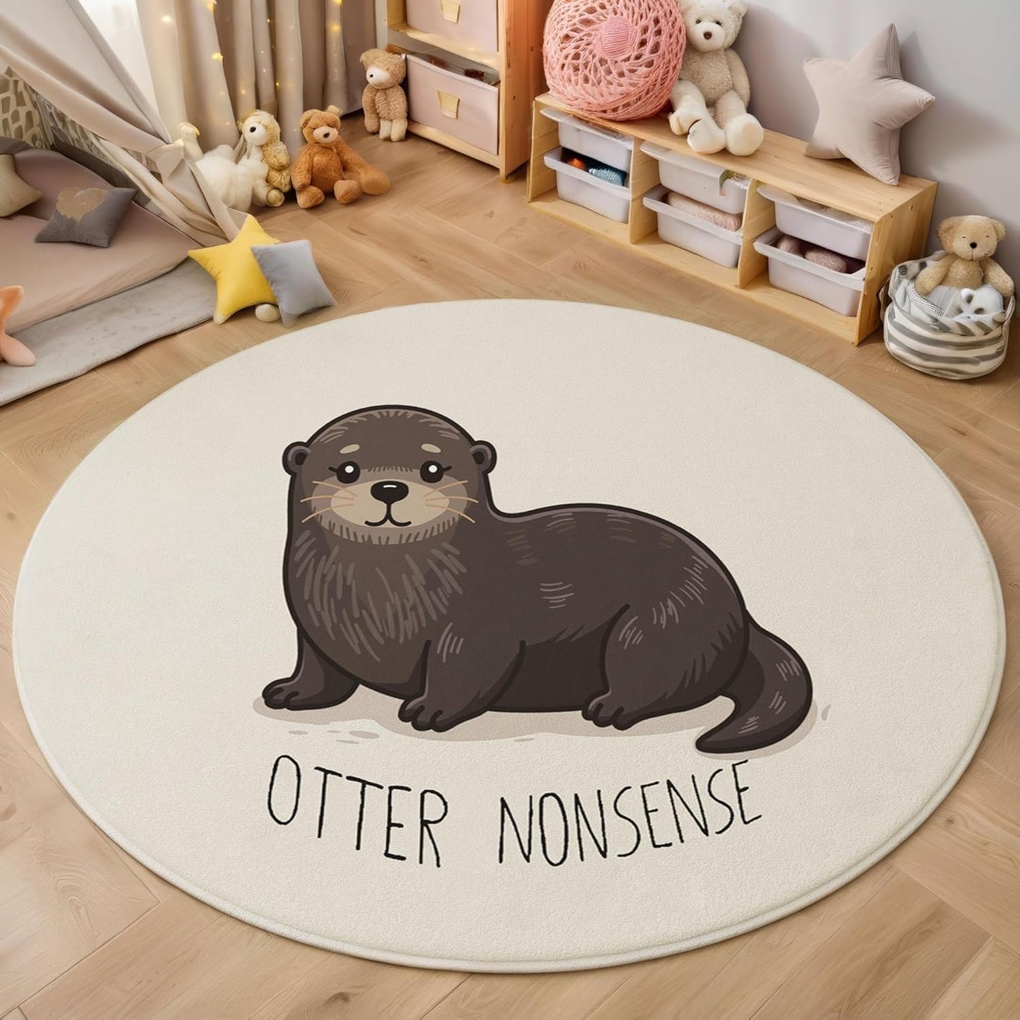 Modern Round Area Rug for Living Room, 5.25Ft Washable Round Rug Beige Fun Otter Letters Circle Rugs for Dining Room Table, Cartoon Animals Small Circular Floor Carpet for Bedroom