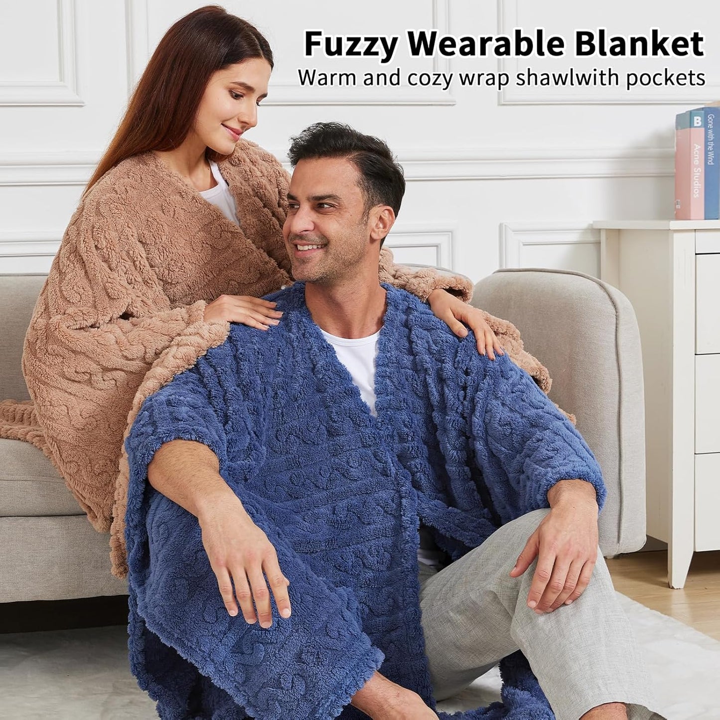 Wearable Blanket Poncho Cape Wrap for Adult, Cozy Sherpa Fleece Pocketed Shawl TV Throw Blankets for Office and Lounge(Dust Blue,58'' x 64'')