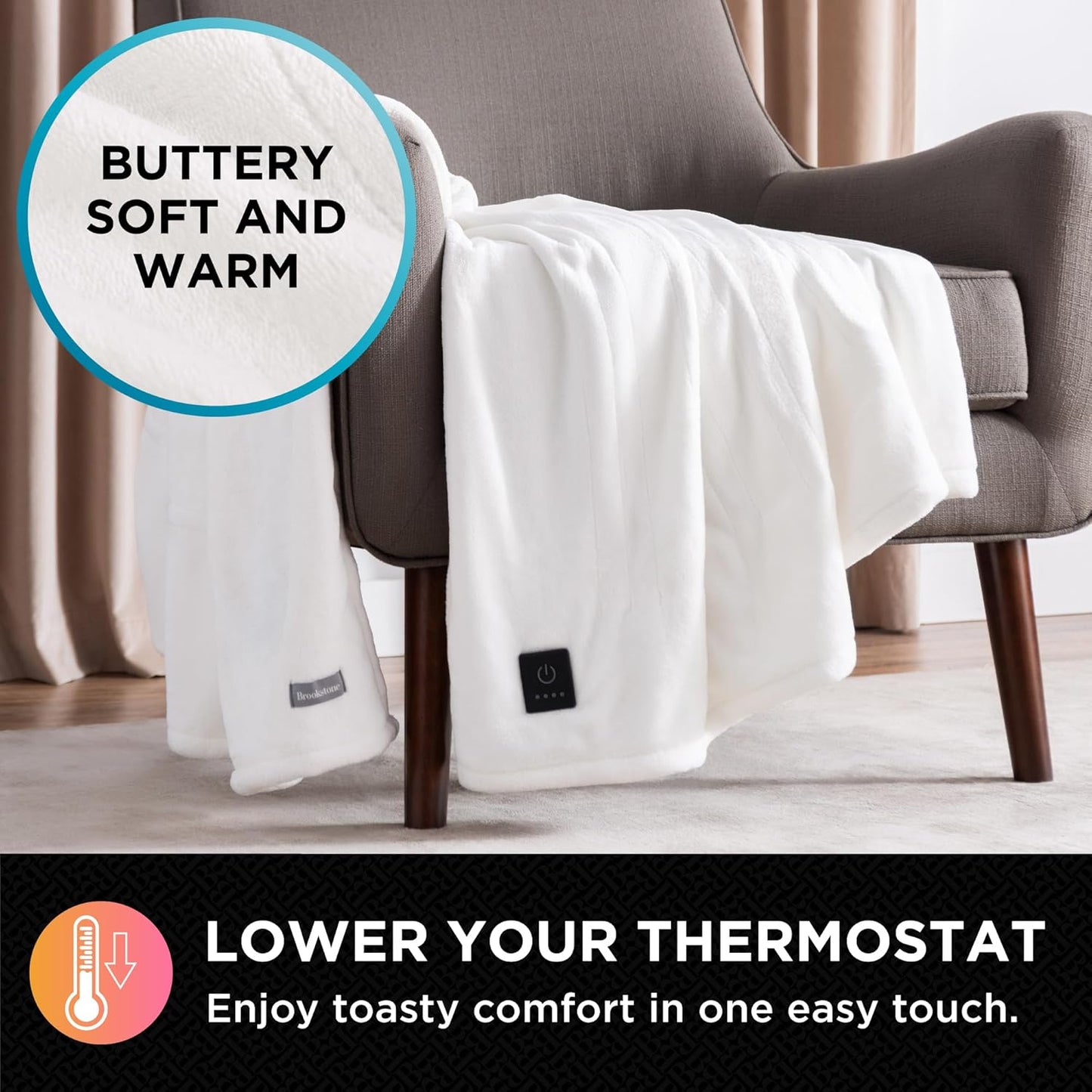 Brookstone Electric Heated Plush Throw - Heated Blankets - 4 Heat Settings, 4-Hour Auto Shut Off, 100% Polyester, 50"x60" - Ivory