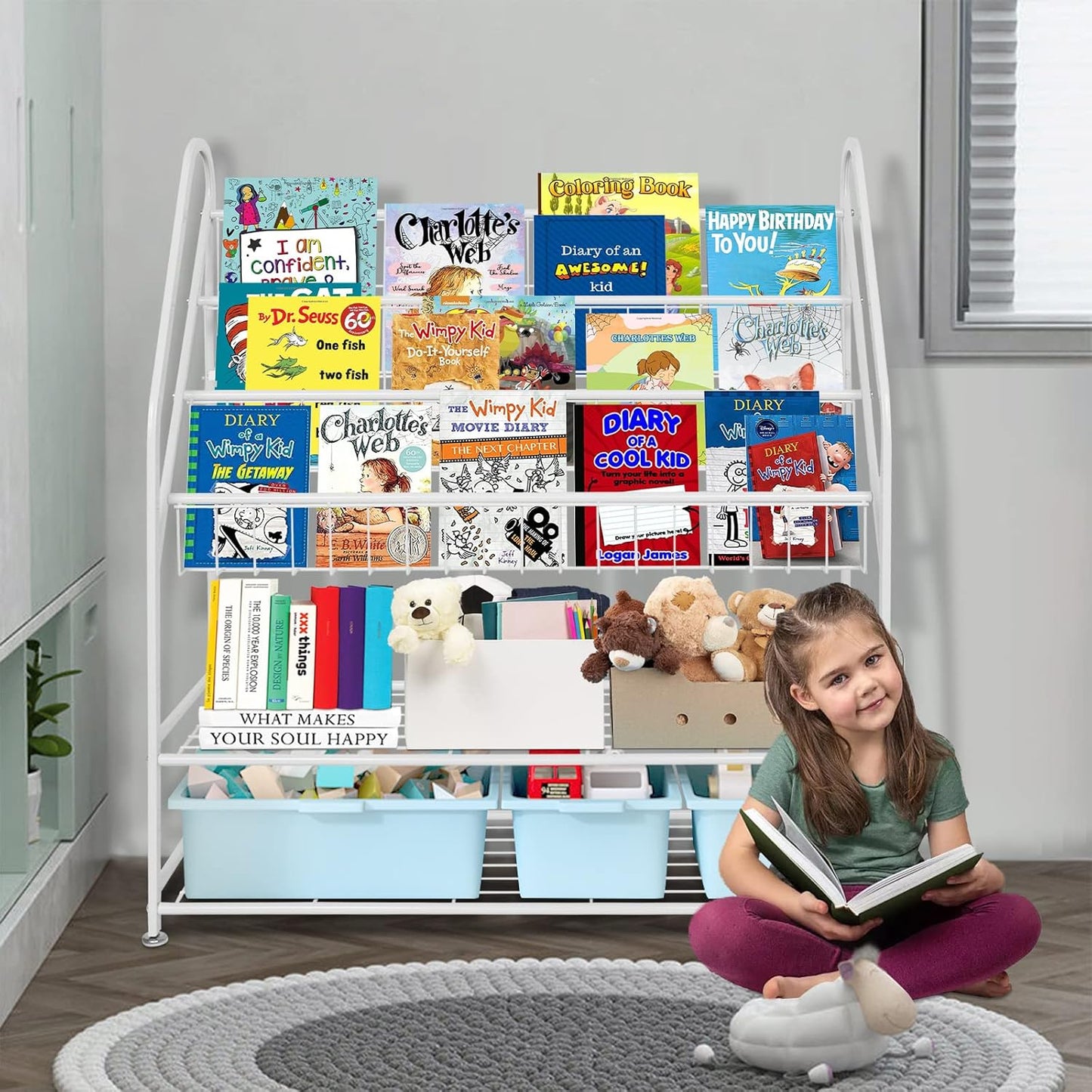 aboxoo Metal Kids Bookshelf Freestanding Bookcase for Children Room 32 in Large Toy Organizer Modern MinimalistWhite Stable Metel Bookstore Bedroom, Living, Library Book Unit Storage