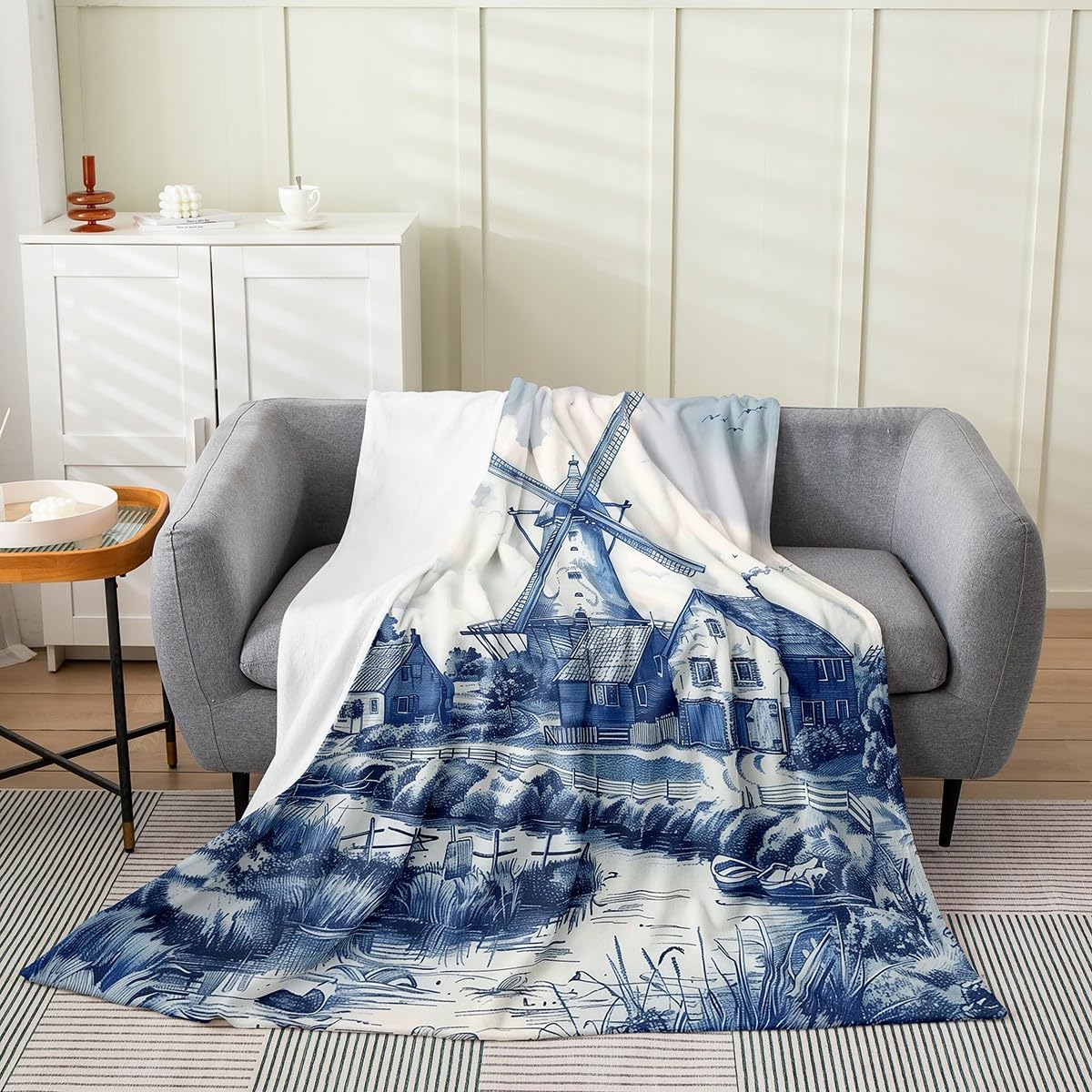 Erosebridal Vintage Dutch Windmill Flannel Blanket Throw 50x60 Delft Blue Farm Throw Blankets Rustic Farmhouse Blanket