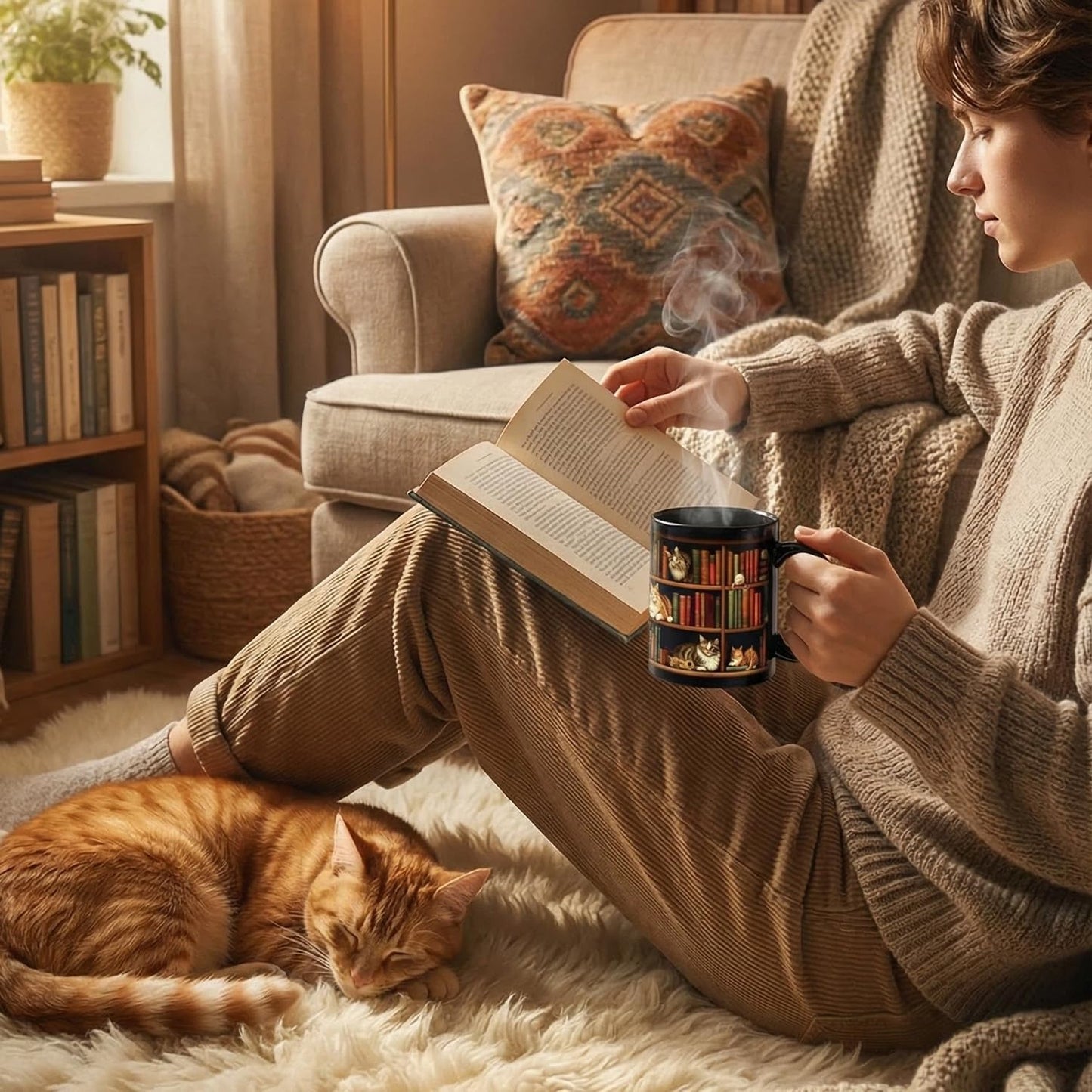 Cat Bookshelf Coffee Mug Gifts for Book Lovers, Book Lover Bookish Gifts for Bookworm Women Readers Librarian Writer, Cat Lovers Black Mugs 11oz