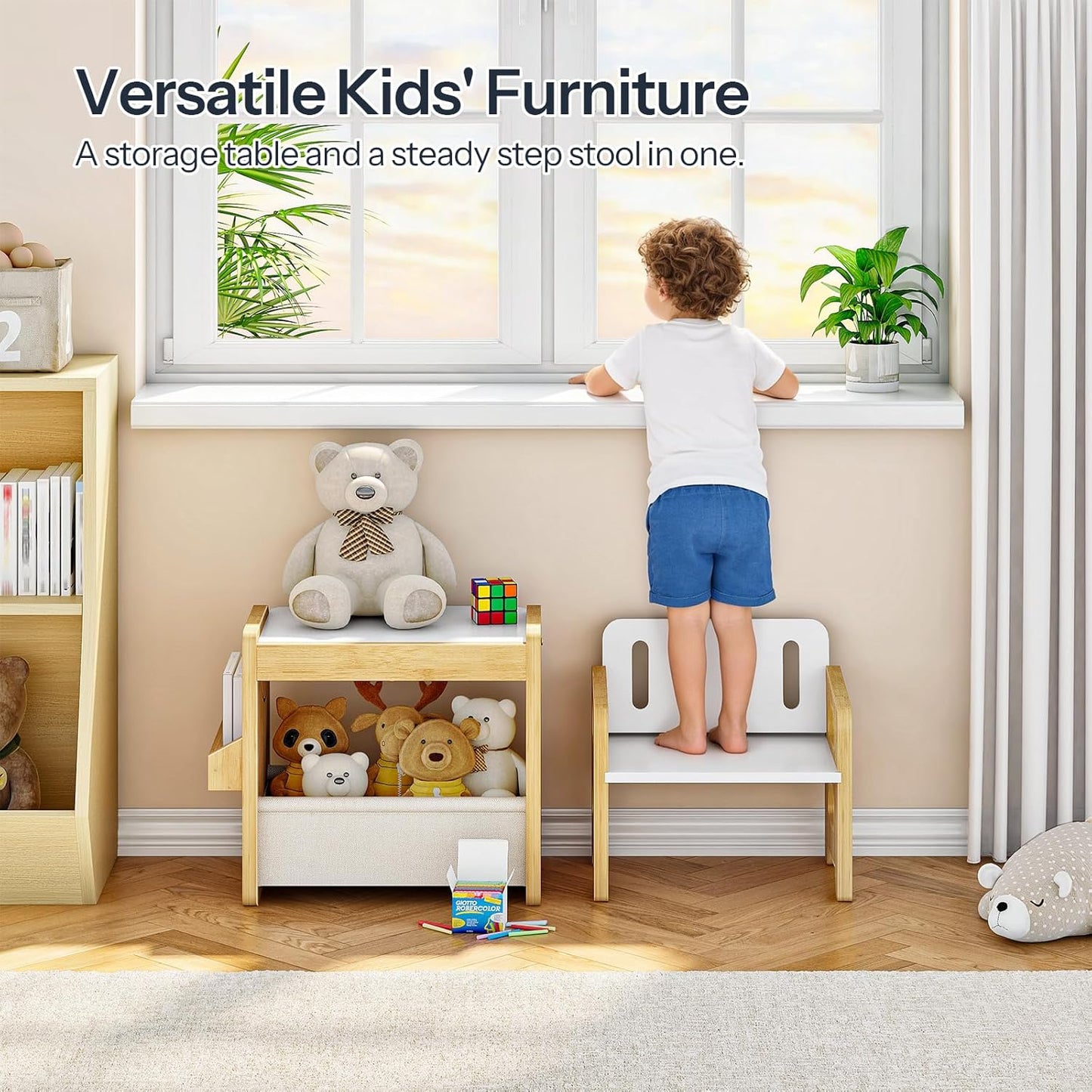 HOOBRO Kids Table and Chair Set, Bamboo Toddler Table and Chair Set, Weaning Baby Table Chair Set for Age 1-3, Two-Sided Flip Tabletop, Kids Funiture for Reading Eating Playing Natural YW30KT01