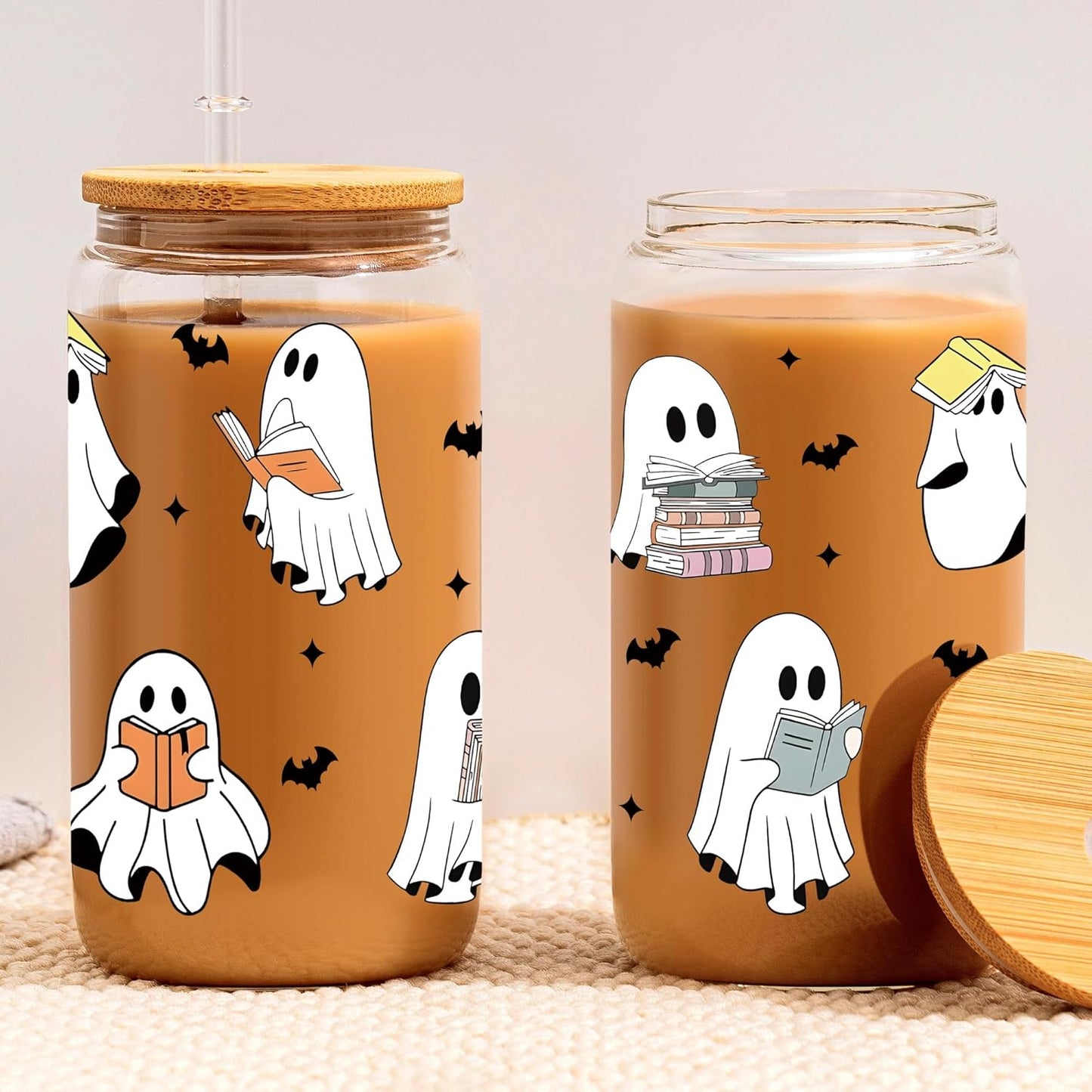 16oz Ghost Reader Halloween Cup with Lid Straw, Halloween Ghost Aesthetic Glass Can, Ghost Reader Glass Cup, Gift Idea for Book Lovers Women Sister Friends Daughter