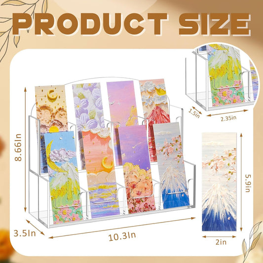 Acrylic Bookmark Display, Adjustable 2. 2'' Bookmark Stand, Portable Sticker Holder, Curved Pockets Greeting Card Display for Business Vendor, Retail Store Shop(Integrated,8 Pockets)