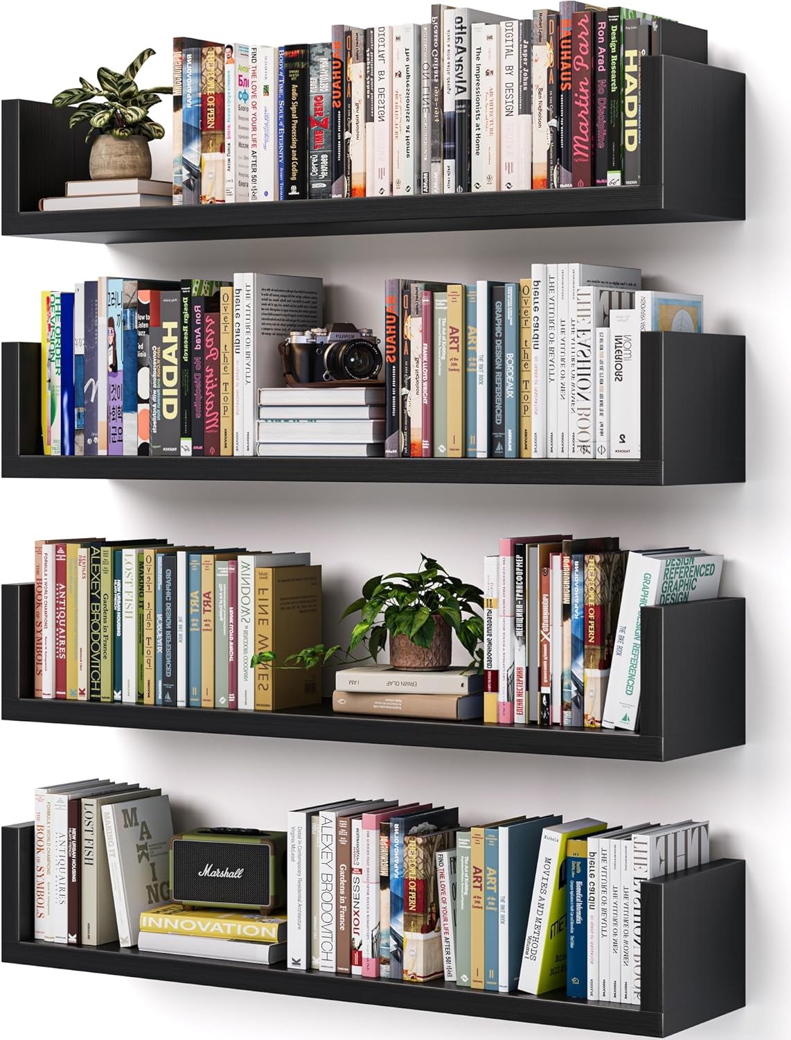 Wall Bookshelf, Set of 4, U Shaped Floating Bookshelf, Hanging Bookshelves for Wall, Wall Mounted Shelves for Living Room Bedroom Office (Black, 17 Inches, 4)
