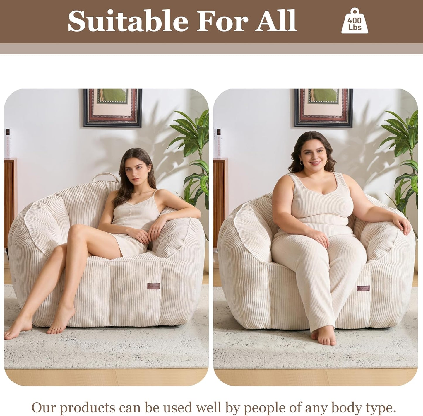 Royal Windsor Bean Bag Chairs for Adults, 47 Inch Giant Bean Bag Chair with Back Support, Large Comfy Reading Chair for Living Room, Bedroom & Dorm, Beige