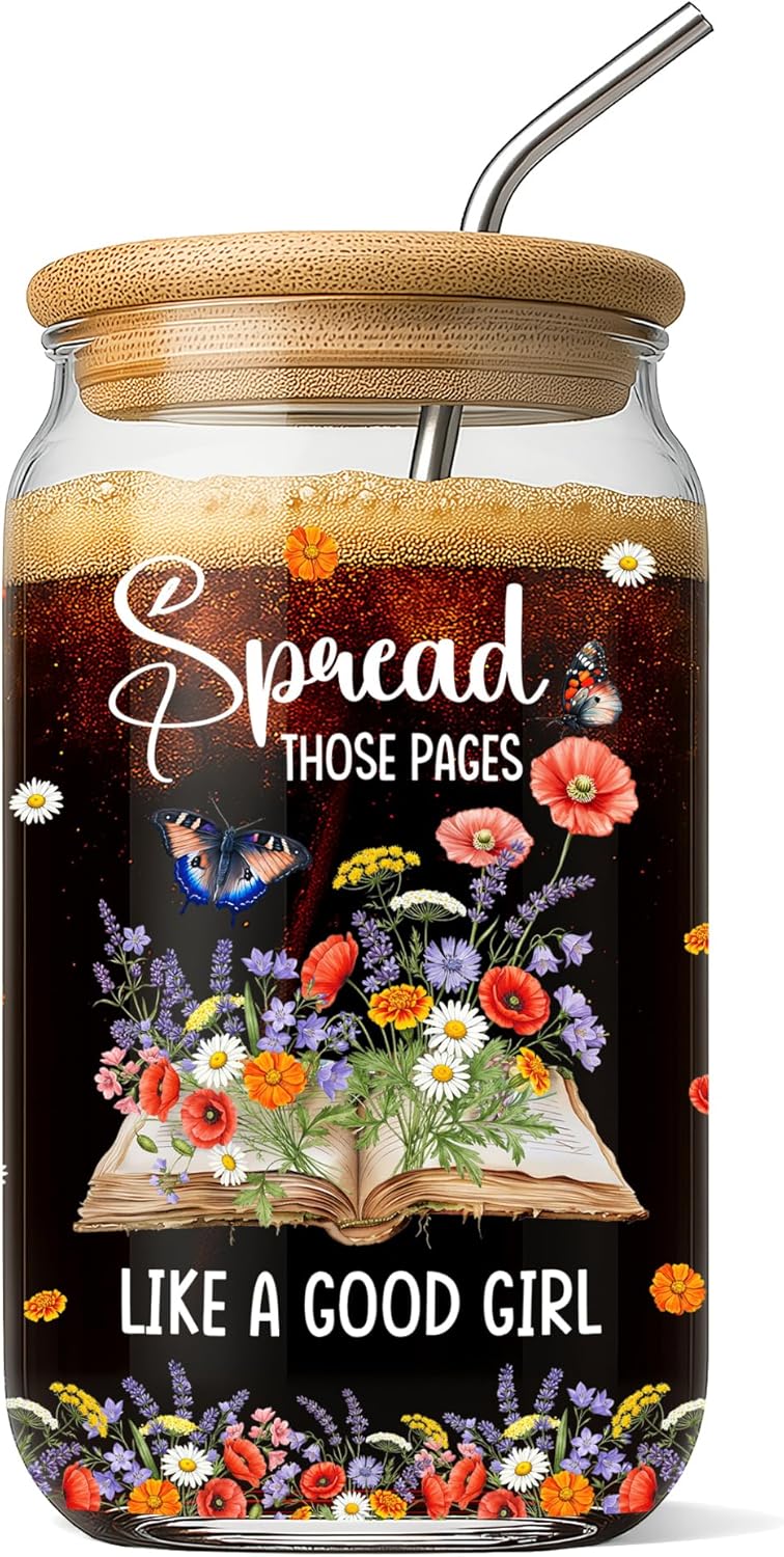 Gifts for Readers Book Lovers Women 16 oz Glass Cups with Lids and Straws Iced Coffee Tumbler Reading Accessories for Bookish Club Bookworms Teacher Librarian Friends Mother's Day Valentines