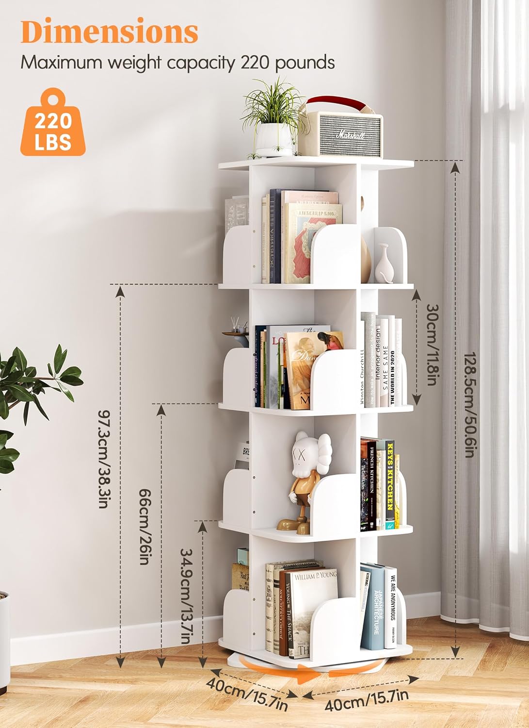 Rotating Bookshelf Tower, 4 Tier Spinning Square Bookshelf for Small Spaces, 360 Display Kids Bookshelves, Revolving Bookcase Floor Standing Storage Rack, White