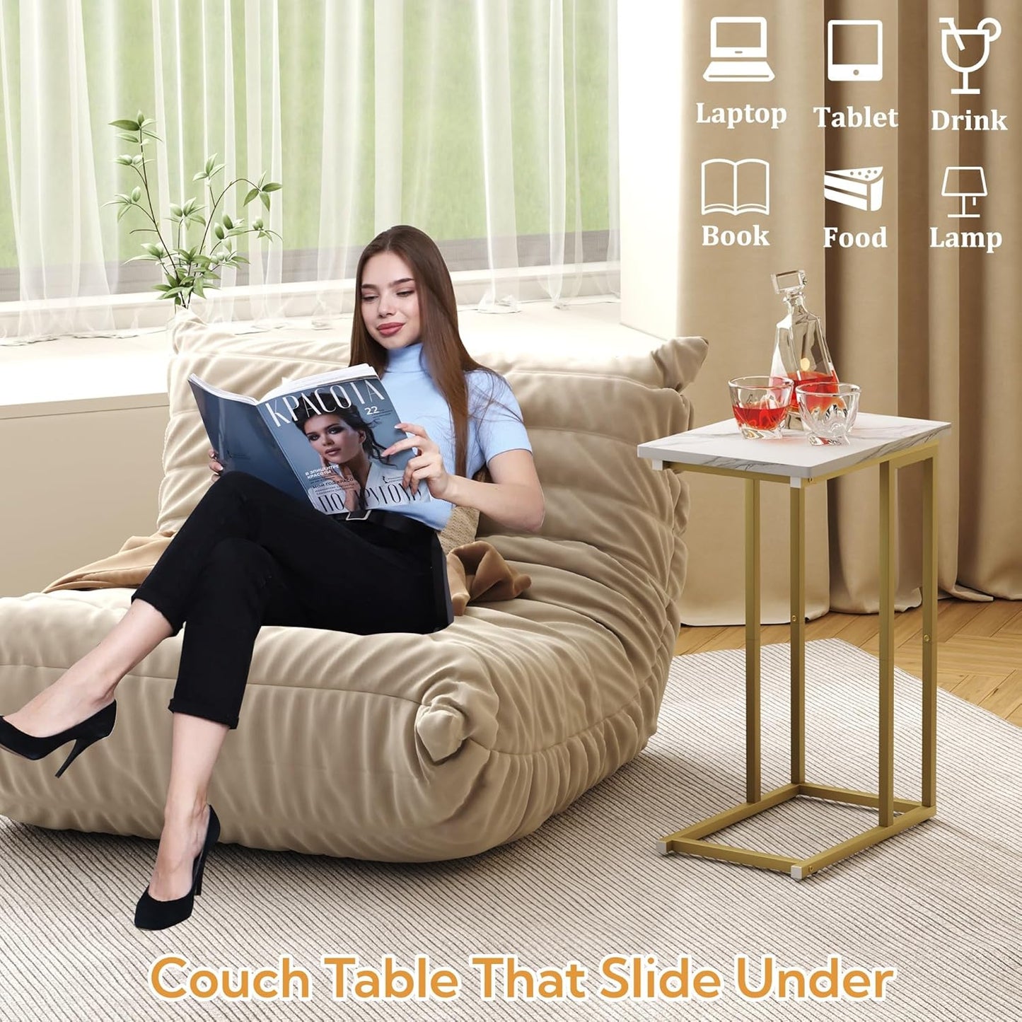 Function Home C Shaped End Table, Small Side Tables for Sofa Bed, Couch Tables That Slide Under, Drink Snack Table for Living Room Bedroom Small Space, White Wood Top and Gold Metal Frame