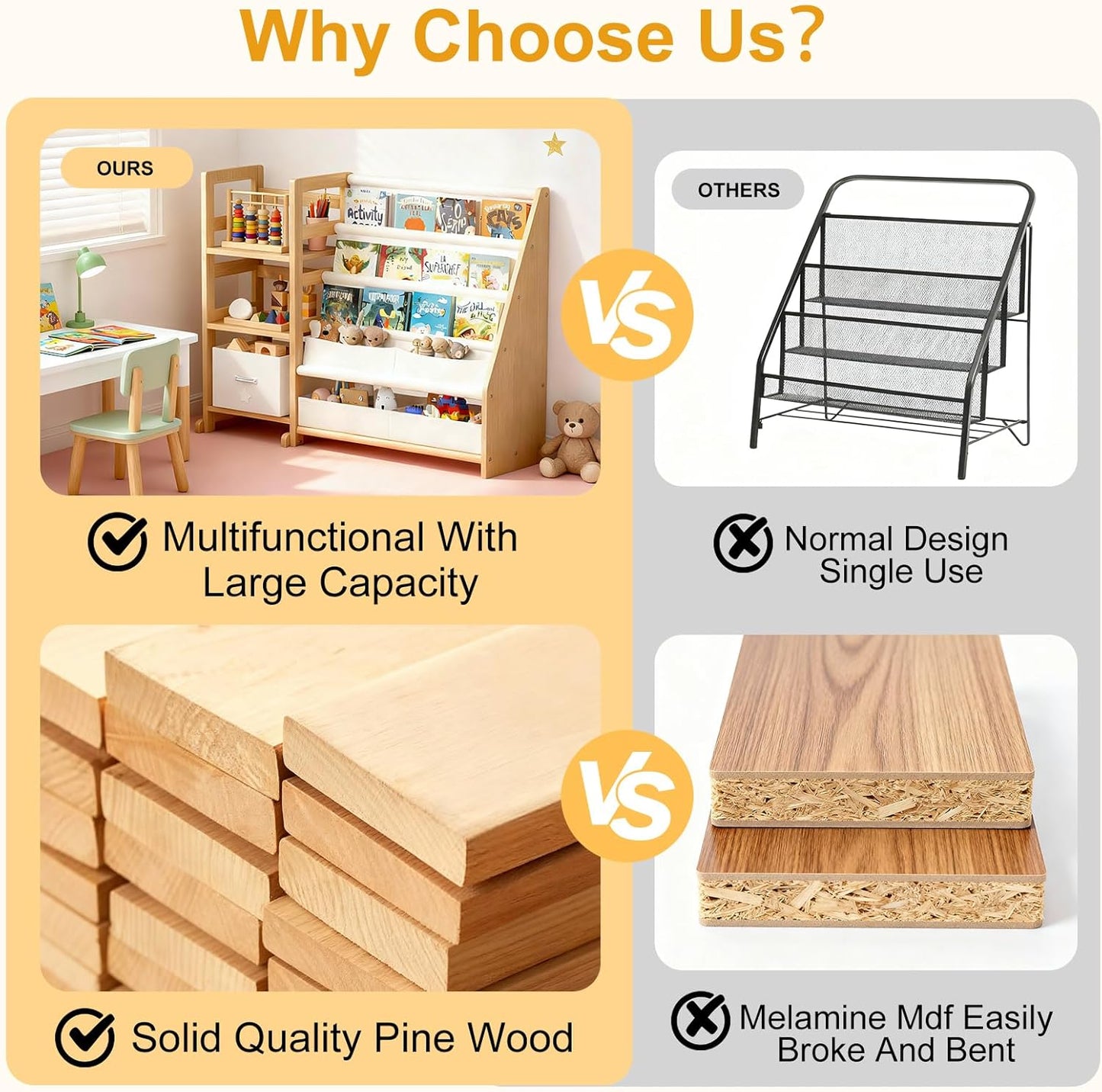 Kid Bookshelf and Toy Storage Organizer - White 3 Tier Wooden Kids Book Shelf for Kids Rooms, Toddler Bookshelf Baby Bookcase for Nursery Class Room, Play Room- Cream White