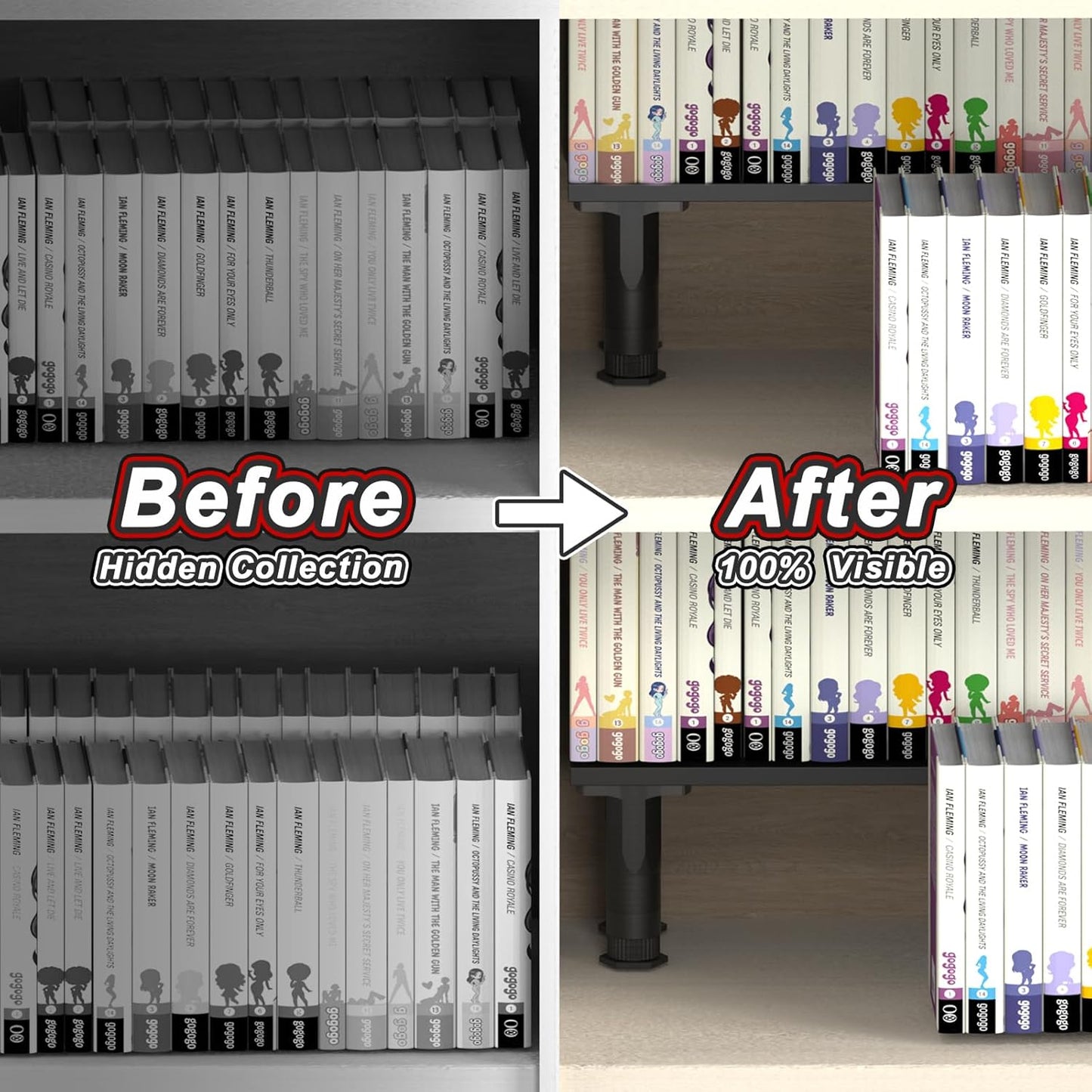 Manga Shelf Risers, 2 Pack Book Riser for Bookshelves, Black Wooden Height Adjustable Comic Books Shelves for Double Rows Display Stand for Books, Collectibles, Anime Figurines, Blind Boxes, CDs