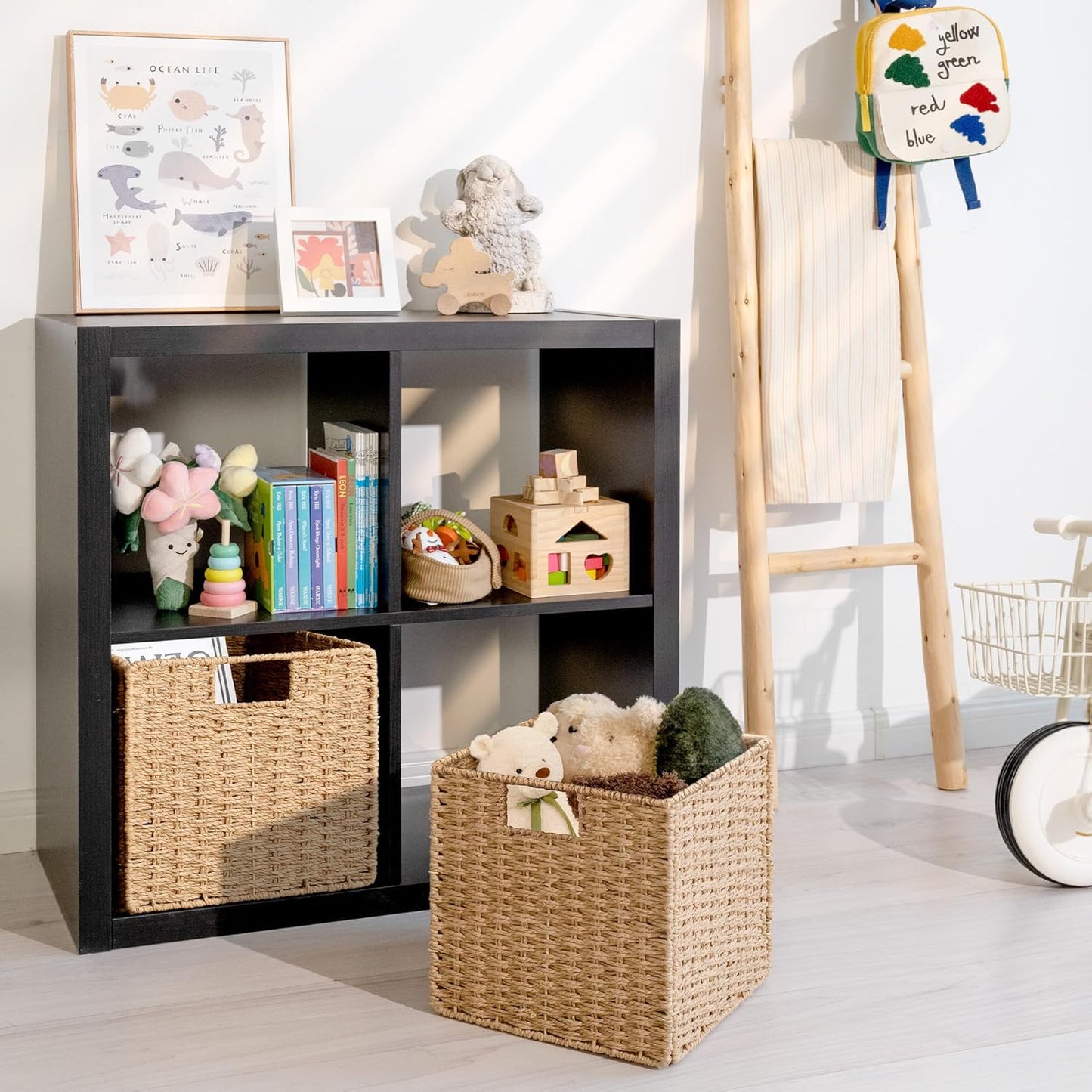 StorageWorks 11 inch Wicker Baskets, Handwoven Storage Cubes with Handles, Foldable Paper Rope Basket for Organizing, Natural, 2 Pack