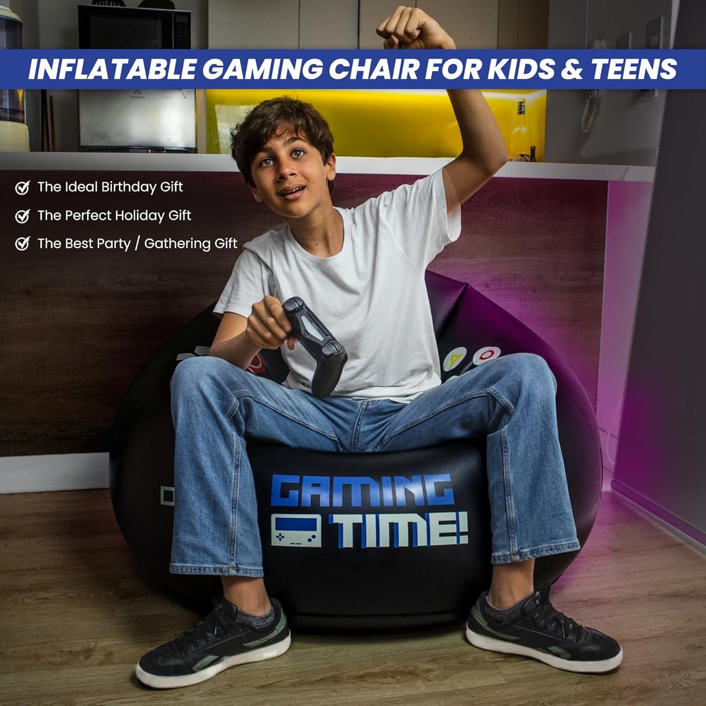 Inflatable Gaming Chair for Kids & Teens with Cup Holders and Side Pocket - This Air Gaming Bean Bag Chairs for kids is The Perfect Furniture for Gamer Room Decor - Perfect Gaming Stuff for boys 4-12