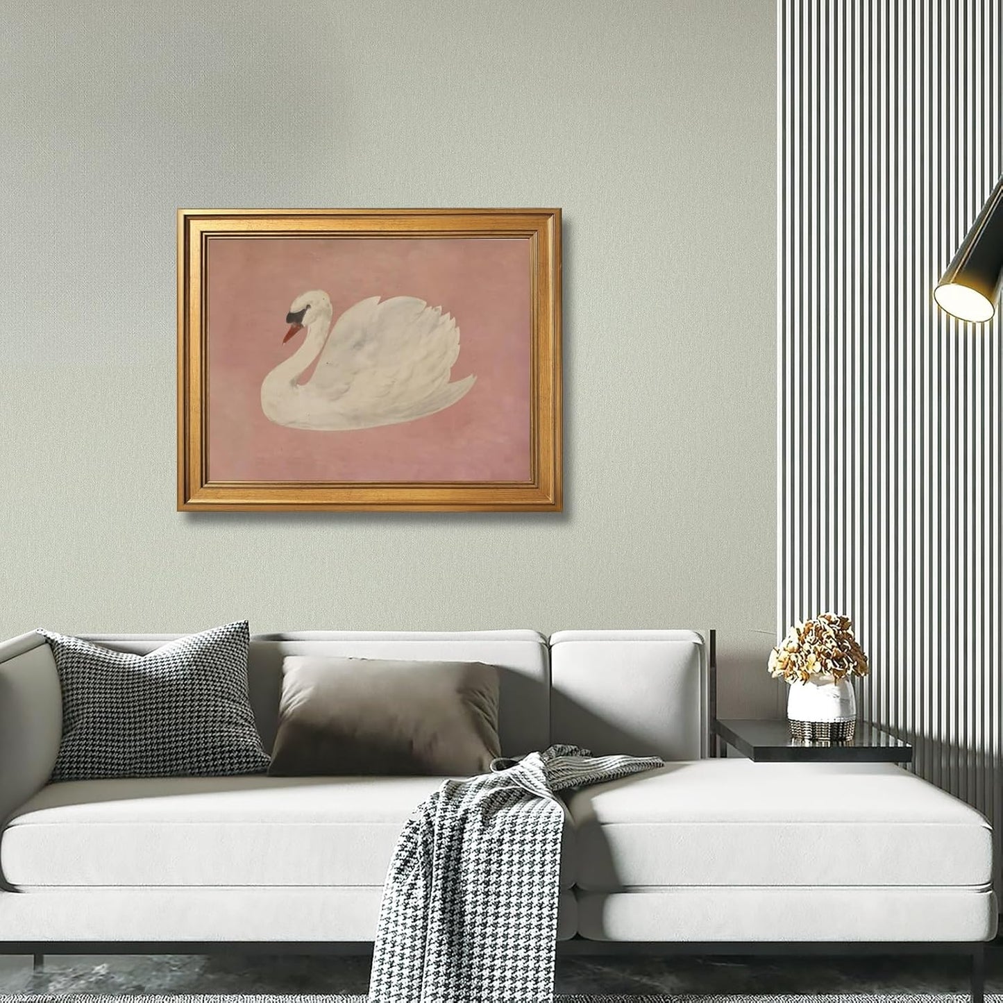 HUYKON Large Framed Wall Art Vintage White Swan Canvas Print Neutral Nature Wildlife Poster Elegant Rustic Farmhouse Animal Bird Painting Pink Wall Decor for Bedroom Living Room 24X36inch Golden Frame
