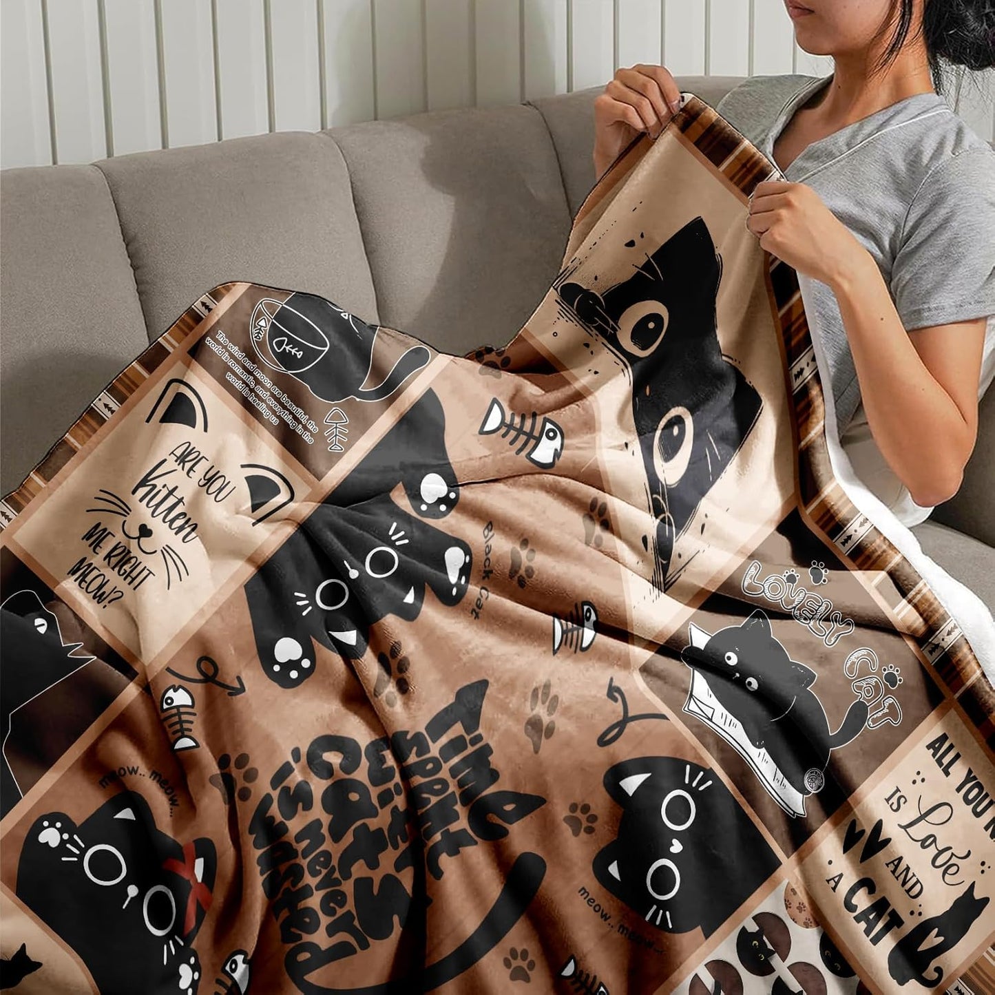 Black Cat Throw Blanket Gift for Cat Lovers Women and Girls - Cute Cozy Decorative Couch Sofa Bed Throw, Birthday Christmas Mother's Day Valentine's Day Present, 50'' x 60''