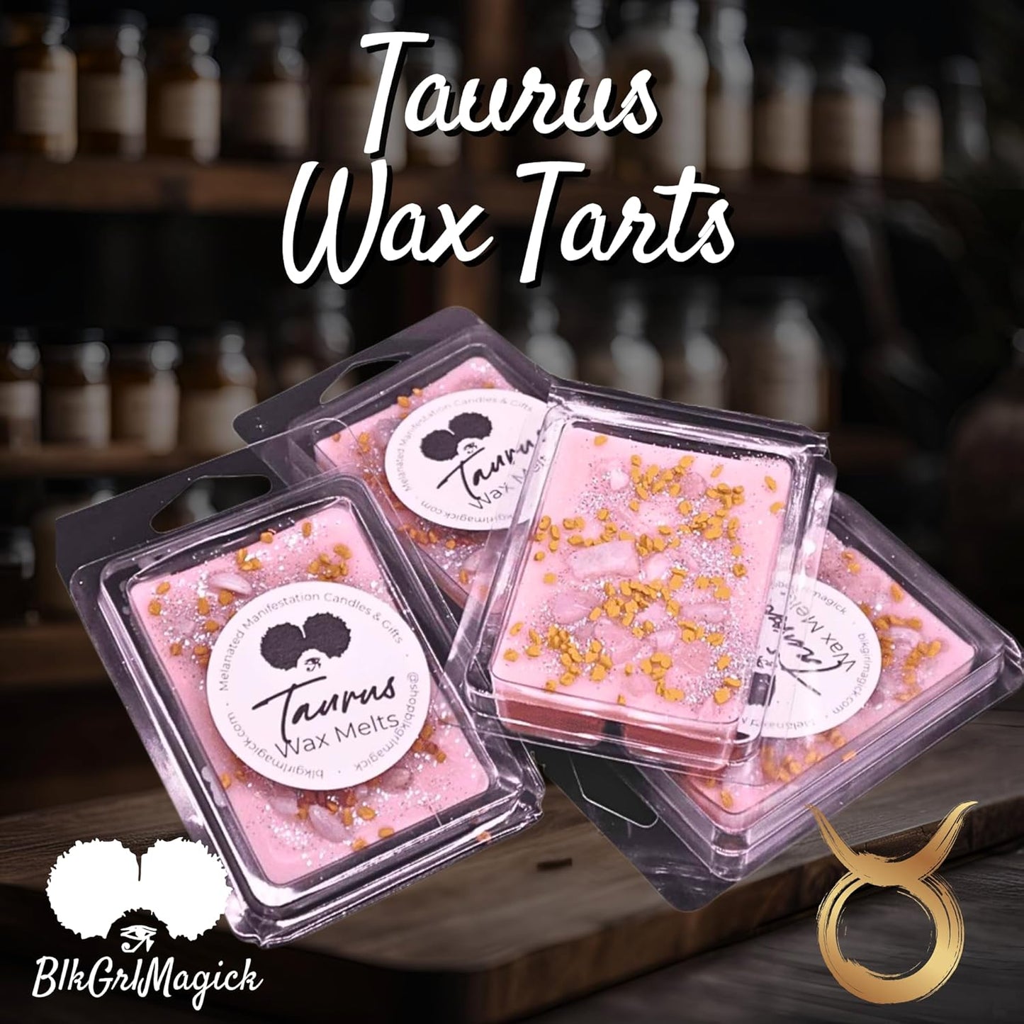 BlkGrlMagick TAURUS Zodiac Crystal Candle, White Tea Leaves Scent Kunzite, Rose Quartz, Fenugreek, Handmade April May Birthday Candles, Astrology Gifts for Sun Moon Rising Sign (16oz Jar)