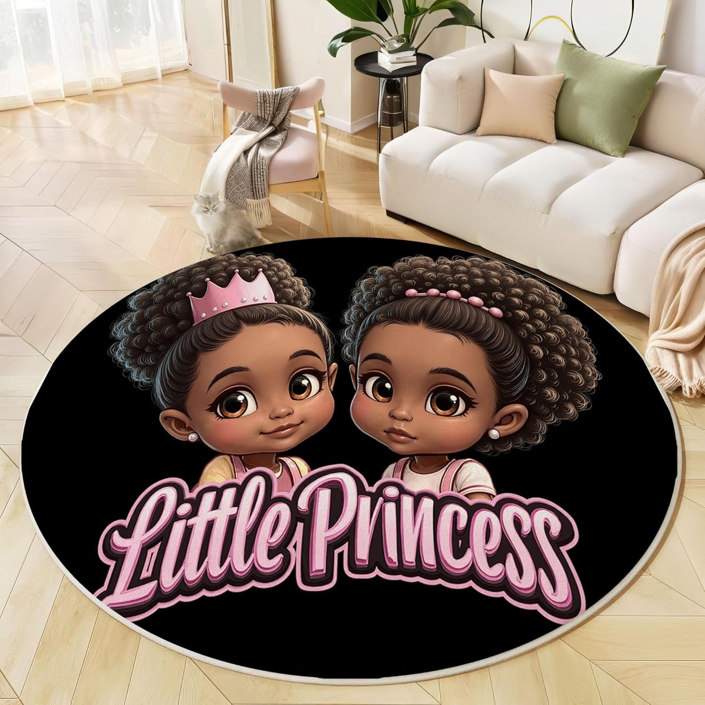 2Ft Round Washable Rug - Large Area Rug for Living Room Dining Room, Black Soft Bedroom Carpet with Cartoon Black Person Little Girl Pattern, Fun Illustration Décor, Low Pile Stain Resistant