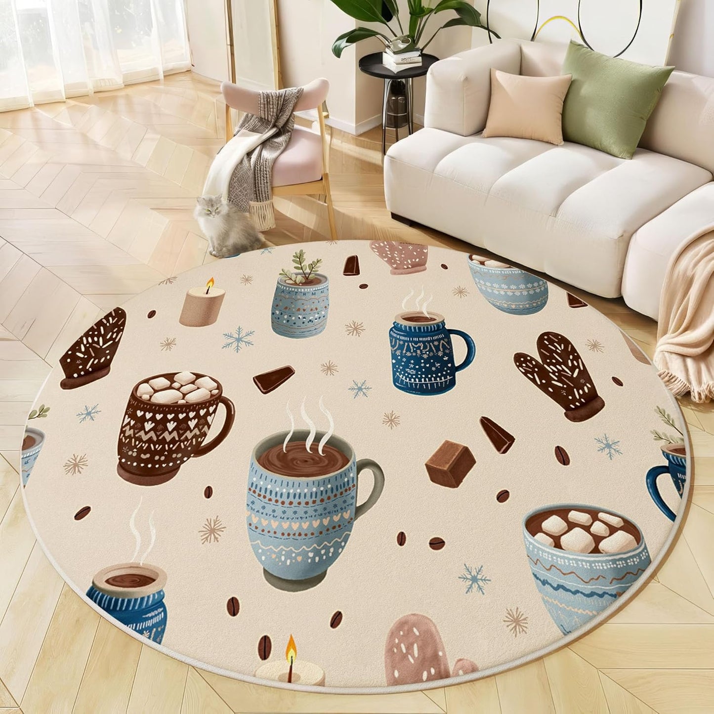 Washable Winter Hot Cocoa Snowflakes Area Rug, 4Ft Round Rugs for Living Room Soft Carpet for Bedroom Cartoon Illustration Indoor Stain Resistant Non-Shedding Floor Carpet, Beige, 4Ft-Round