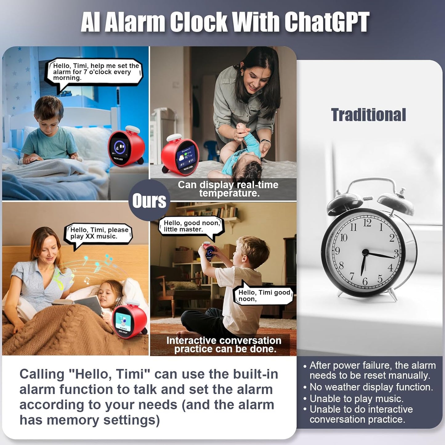 Smart Alarm Clock for Kids, AI Voice Assistant Clock with Chat, Ok to Wake Clock, 12 White Noise Sounds, Sleep Trainer, Time Management Tool, Music Player via TF/MP3 Card, Weather Forecast