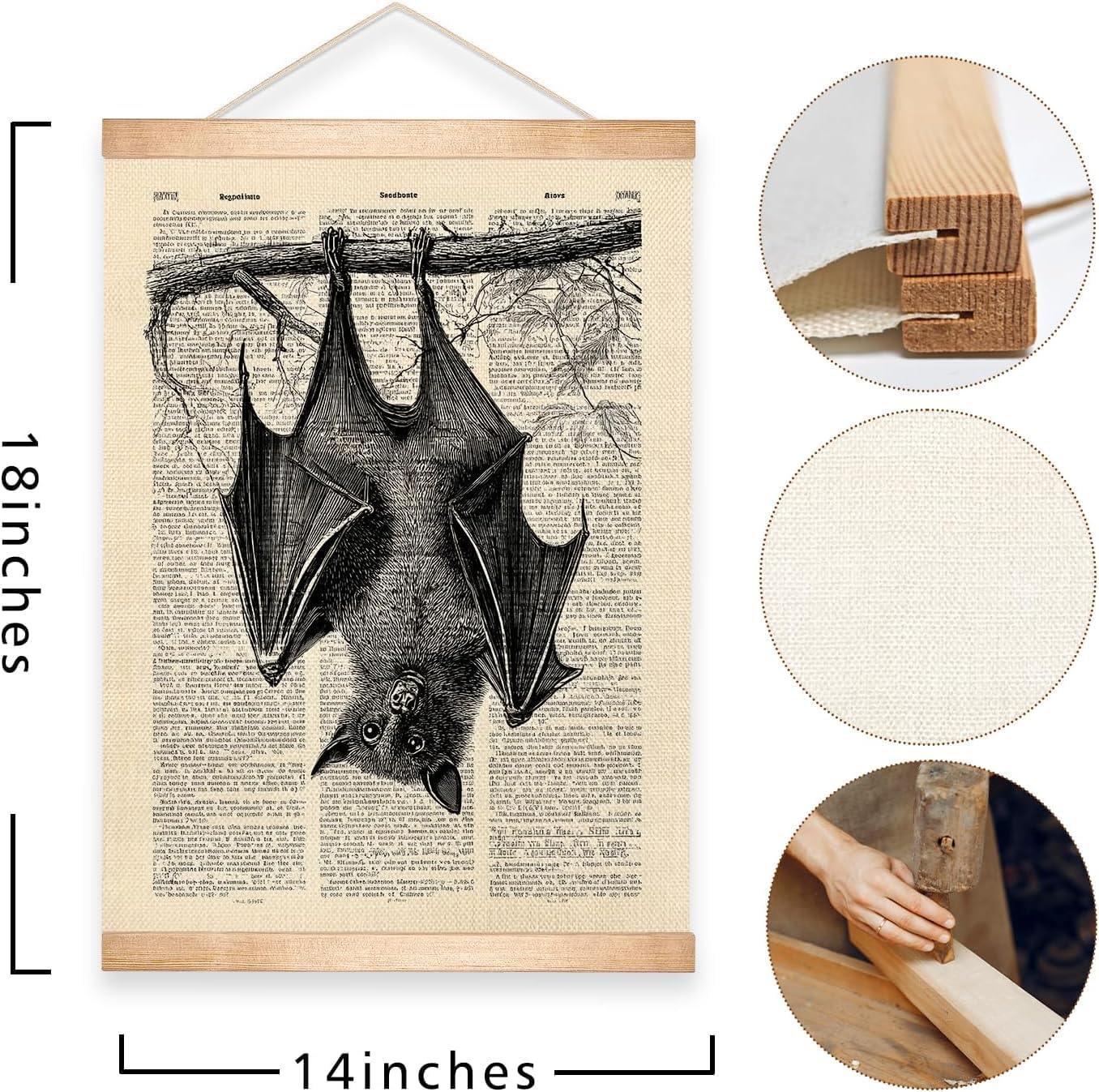 HEYJEEPER Vintage Bat Wall Art, Gothic Natural History Illustration Poster, Retro Dictionary Page Style Hanging Decor for Living Room,Office,Witchy or Bedroom Wall Decor14 x 18.5Inch