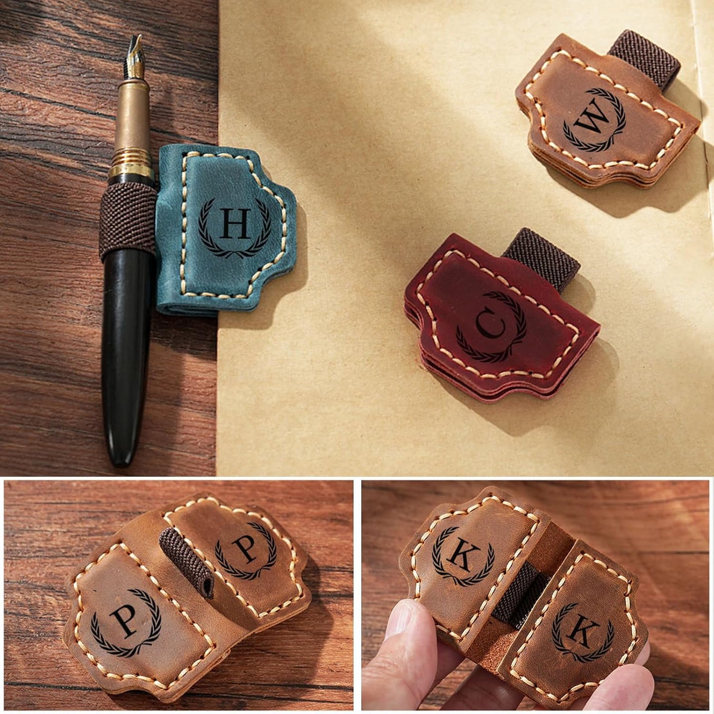 Artlaza Personalized Magnetic Leather Bookmark with Pen Holder - 26 Letters Custom Book Mark with Name Initial Engraved Book Marker for Readers, Book Lovers, Travelers - Gift for Women & Men(Blue，P