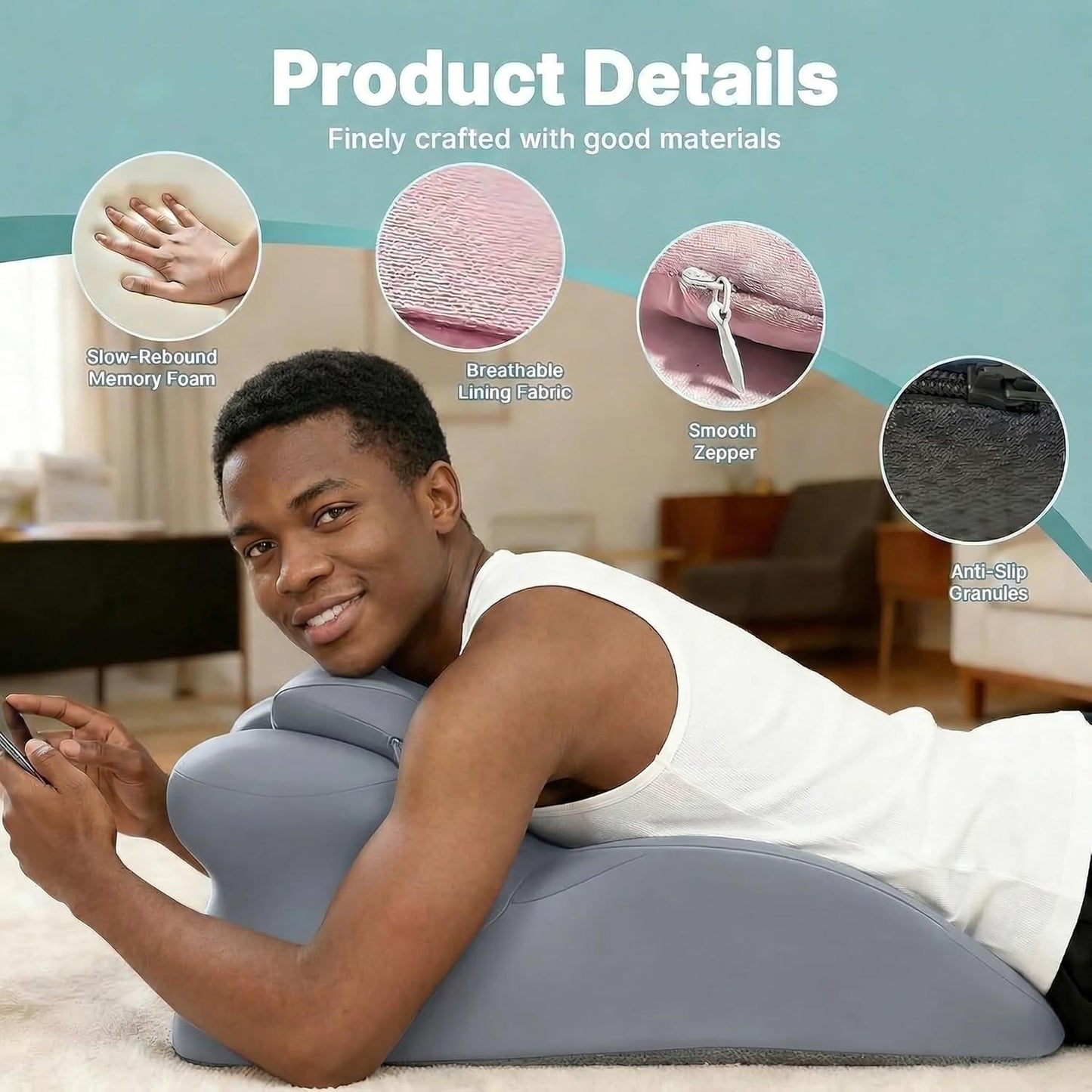 Ergonomic Prone Pillow for Stomach Lying, Multi-Angle Face Down Pillow for Reading in Bed & Phone Use, Breathable Comfortable Support Cushion for Relaxing, Lumbar Back Support for Sleeping