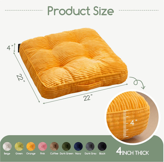 HIGOGOGO Floor Pillow Cushion for Adults, Meditation Cushion Pillow, Large Square Floor Sitting, Tufted Corduroy Cover, for Tatami Living Room or Yoga, 22x22 Inch, Orange