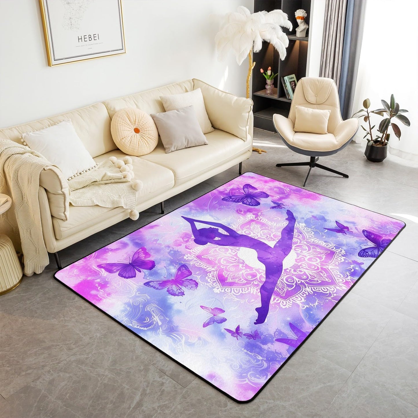 Erosebridal Mandala Living Room Rugs Gymnastic Area Rug 6'6" x 4'11" Purple Girls Boho Flower Butterfly Fantasy Watercolor Non Slip Washable Indoor Floor Mat Tie Dye Printed Decorative Carpet Bedroom
