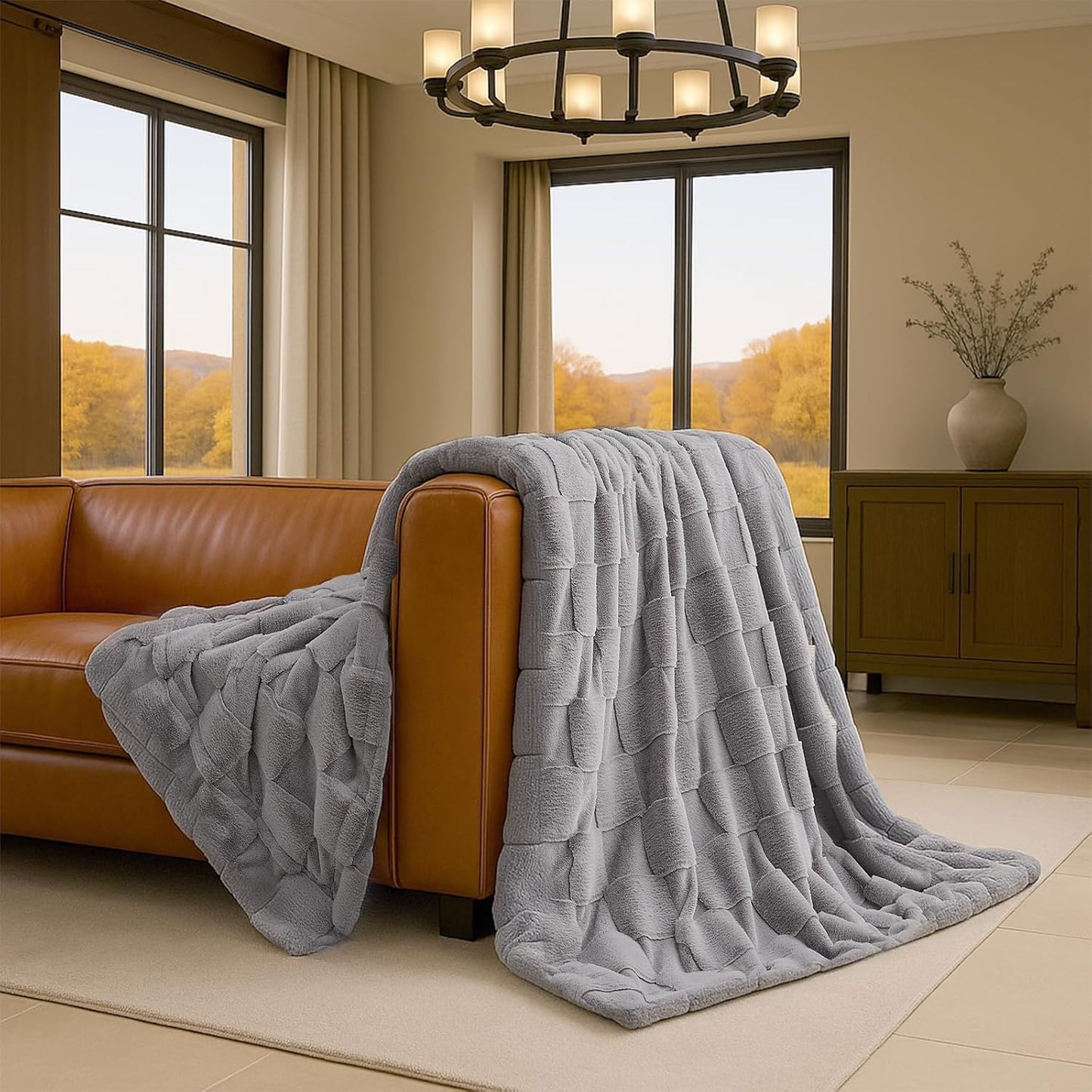Cozy Bliss Checkered Faux Rabbit Fur Grey Throw Blanket, Soft Fuzzy Fluffy Minky Furry Blankets for Couch, Bed (50 * 60 Inches Light Grey)