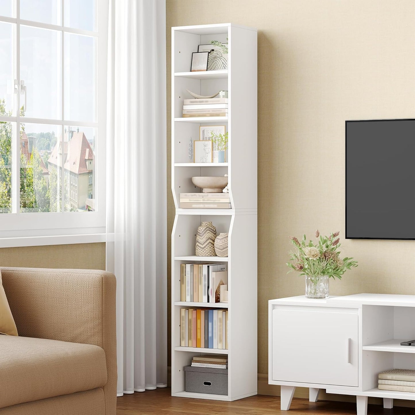 Bookcase, Narrow Tall Bookshelf, 8-Tier Skinny Shelf, Tall Cube Storage Organizer with Adjustable Shelves, CD Shelf, Display Bookshelf for Living Room, Home Office, Bedroom, White BC99803X