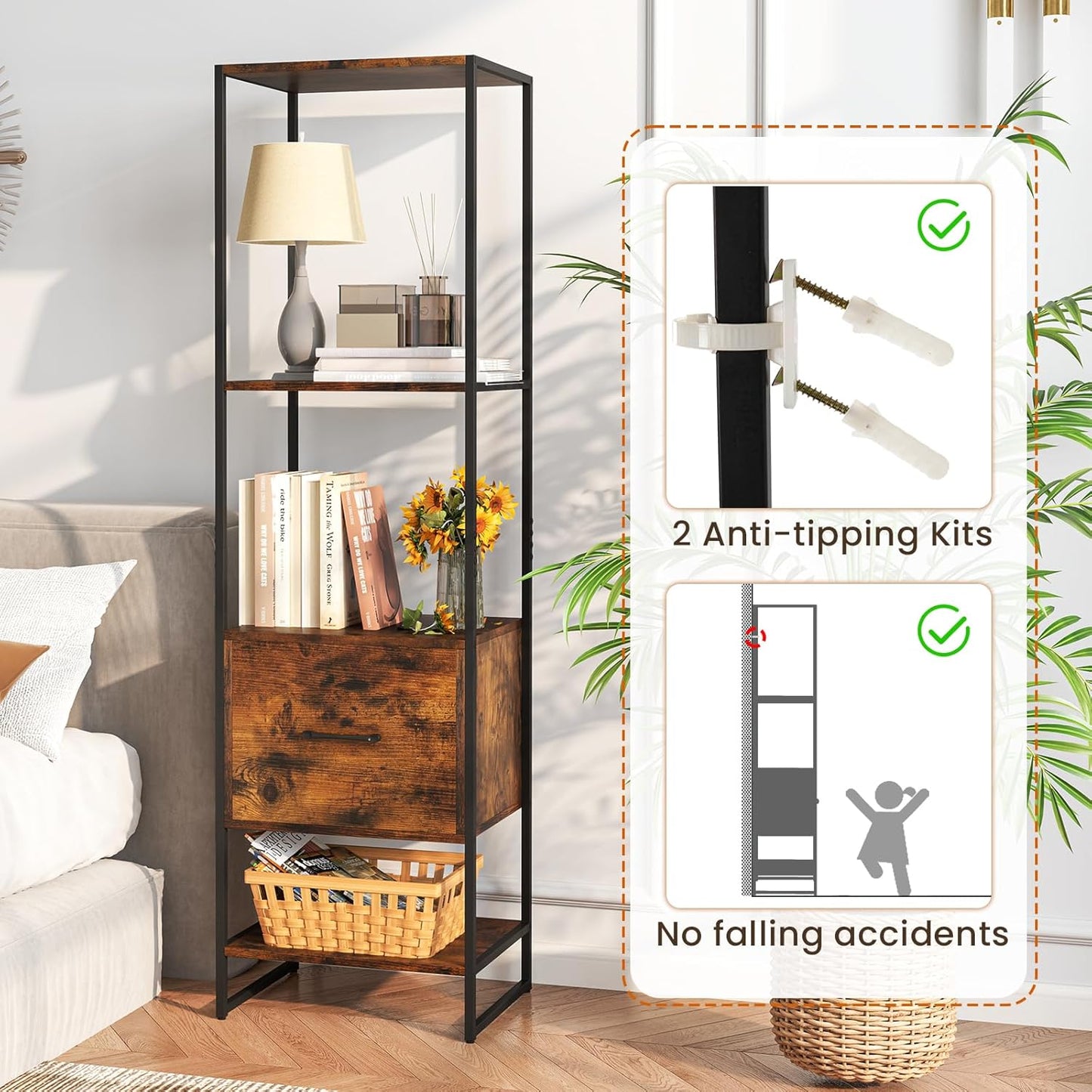 Giantex 5-Tier Bookshelf with Drawer, Narrow Bookcase w/Open Shelves & Metal Frame, Modern Storage Organizer Shelving Unit, Freestanding Display Rack for Bedroom Living Room (1,Rustic Brown+Black)