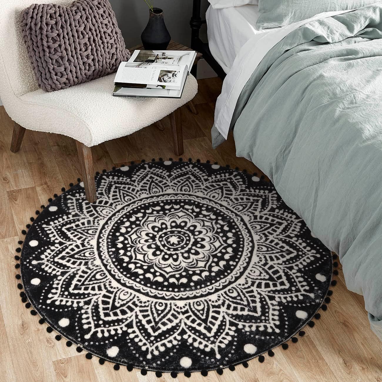 Uphome Boho Round Rug for Bedroom 3' Circle Mandala Black Bathroom Rug with Pom Poms Fringe Washable Circular Accent Throw Rugs Non-Slip Soft Floor Mat for Entryway Living Room Sofa Kids Room Nursery