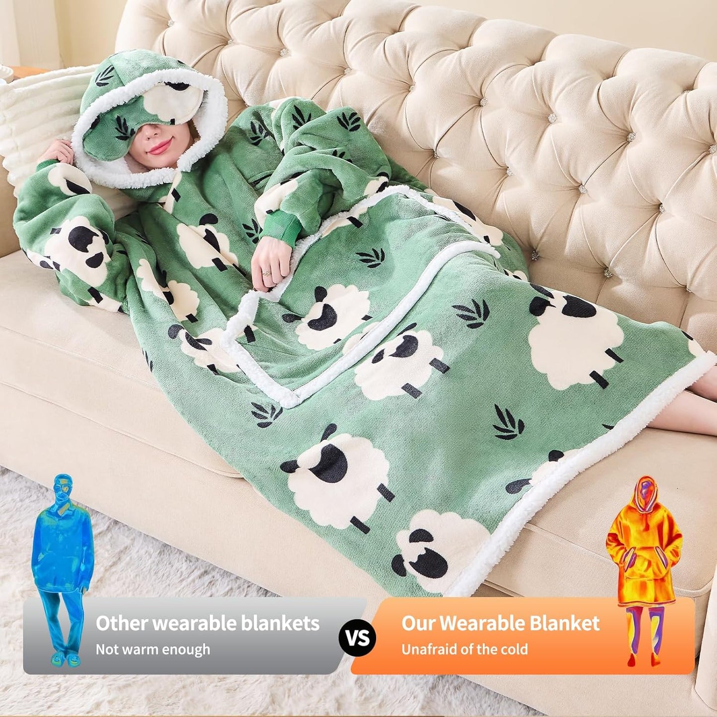 IFNOW Wearable Blanket Hoodie, Oversized Sherpa Fleece Hooded Sweatshirt with Eye Mask for Adult, Gifts for Women Men
