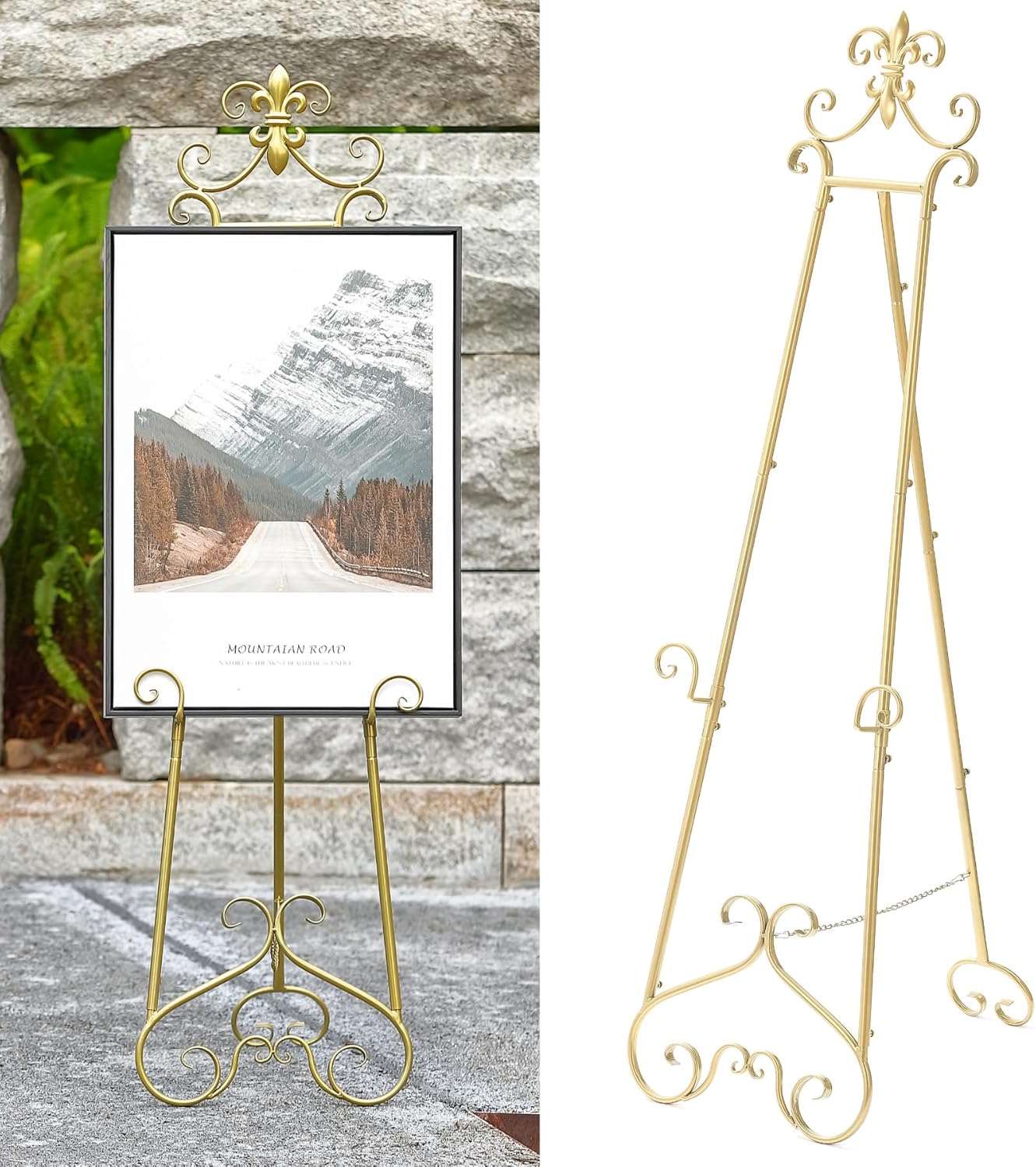 60” H Gold Easel Stand for Sign, Large Adjustable Metal Display Standing for Displaying Pictures Wedding Poster Holder Showcasing with Chain Support