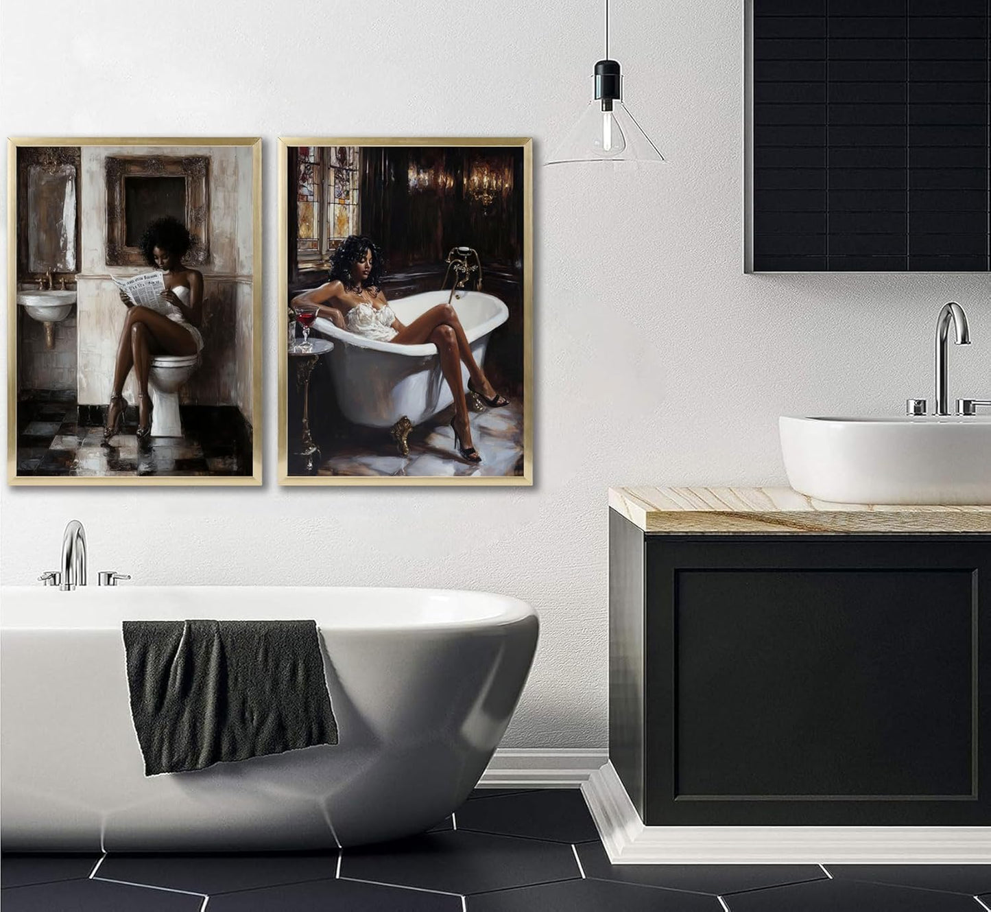 2pcs Black Women Bathroom Canvas Wall Art African American Bathroom Posters Prints Paintins Fashion Black Girl Reading Newspaper Wall Decor Pictures for Toilet Restroom Furniture Decoration Unframed