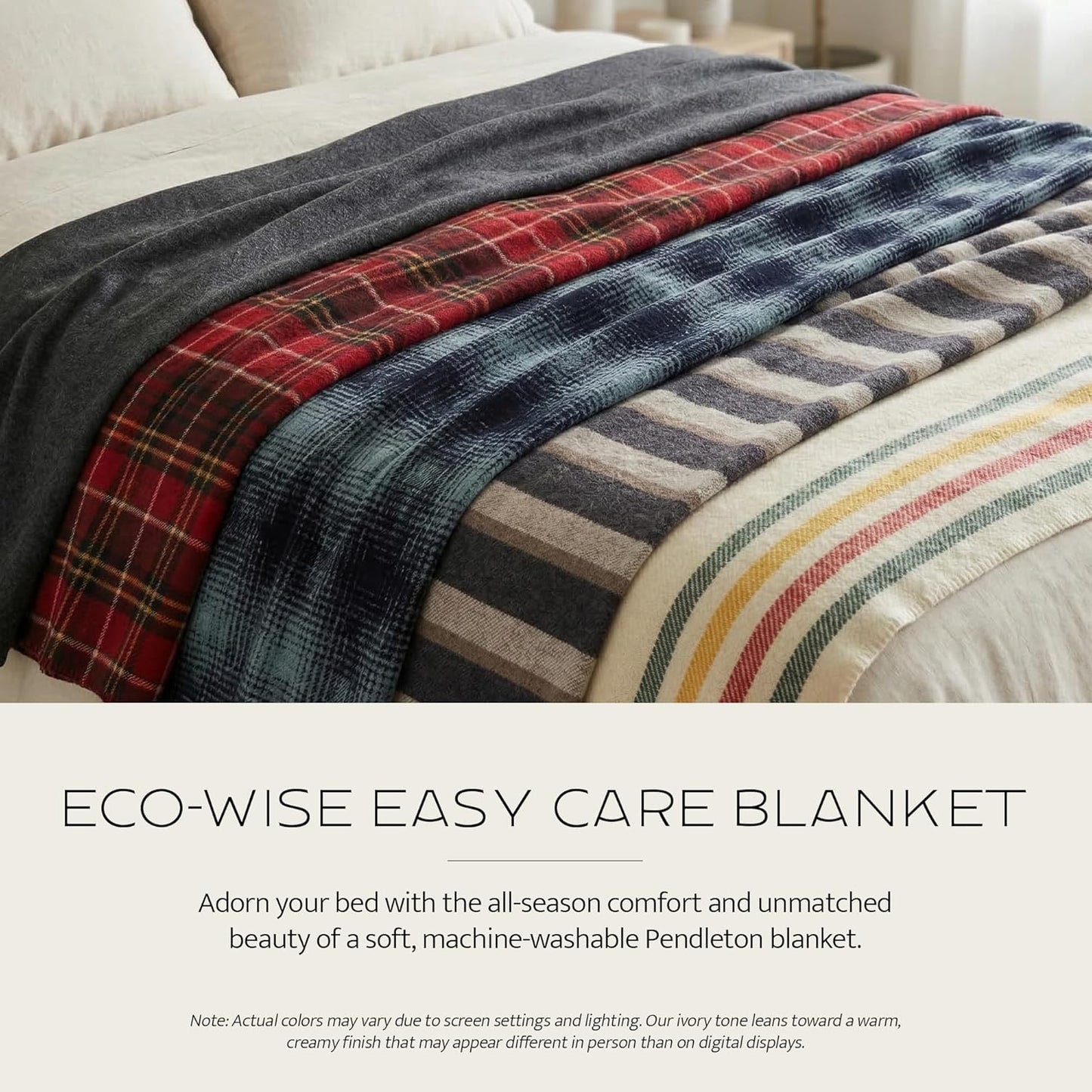 Pendleton Eco-Wise Easy Care 100% Wool Blanket, Responsibly Sourced, Heirloom Quality, Washable All Season Blanket, Twin 66" x 96", Ivory
