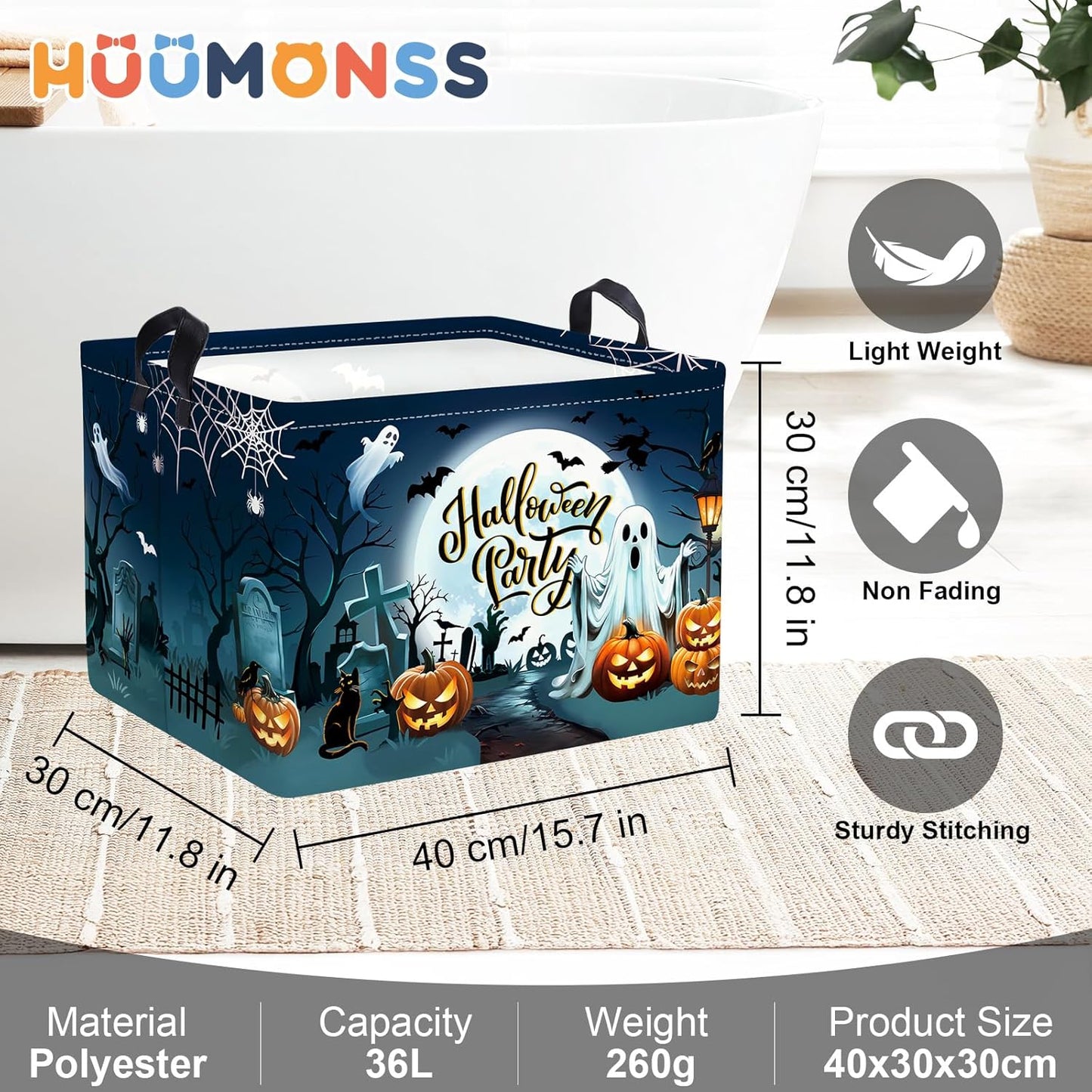 Halloween Baby Storage Basket Ghost Bat Pumpkin Collapsible Clothes Kids Laundry Hamper Large Boys Girls Gift Toy Box Bin for Nursery Room,Graveyard,40*30*30 cm