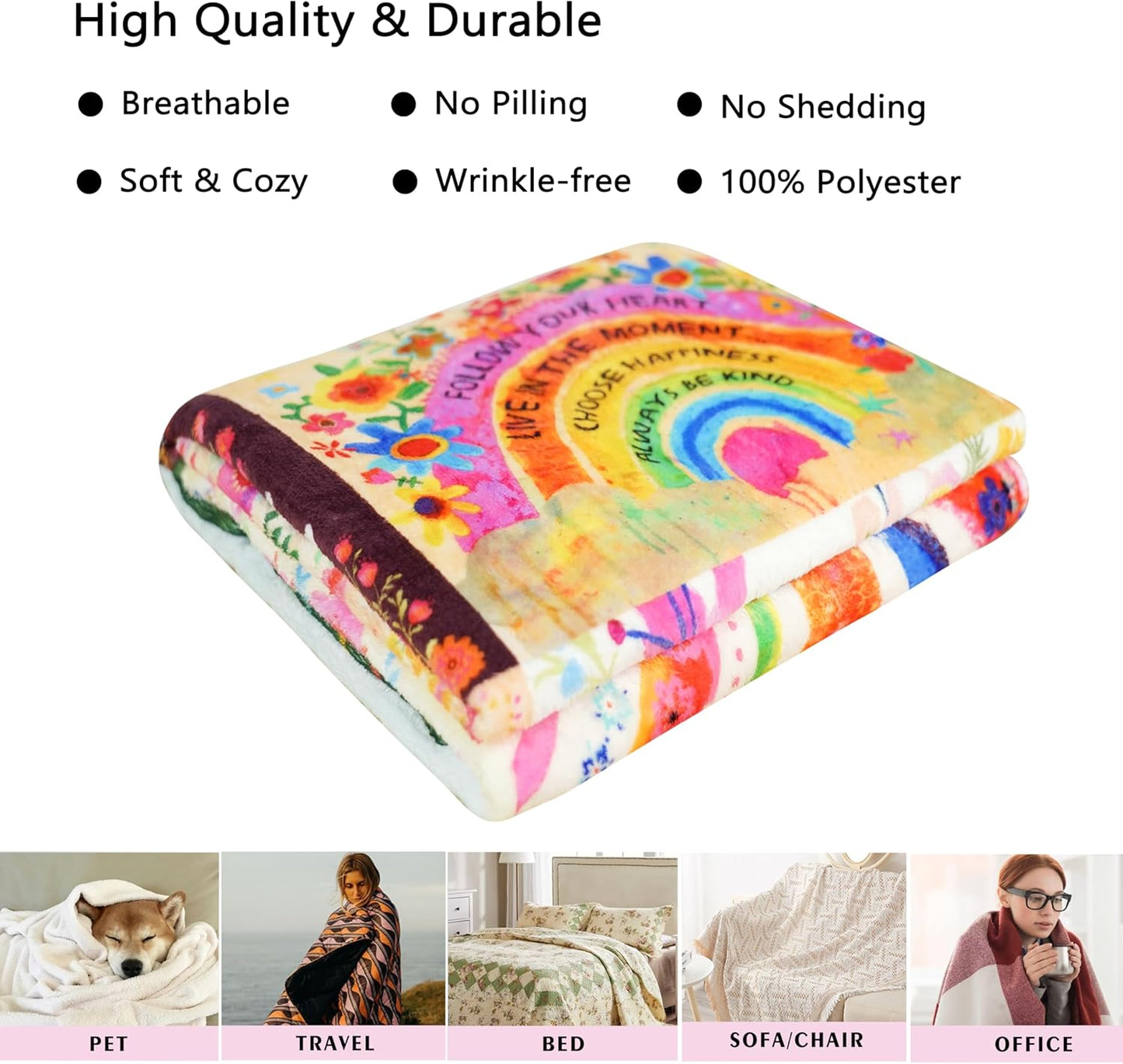 Boho Floral Throw Blanket Natural Life Patchwork Blankets, Natural Life Gifts for Women with Inspirational Thoughts, Soft Warm and Cozy Flannel for Sofa Bed Couch Travel 50"x60"