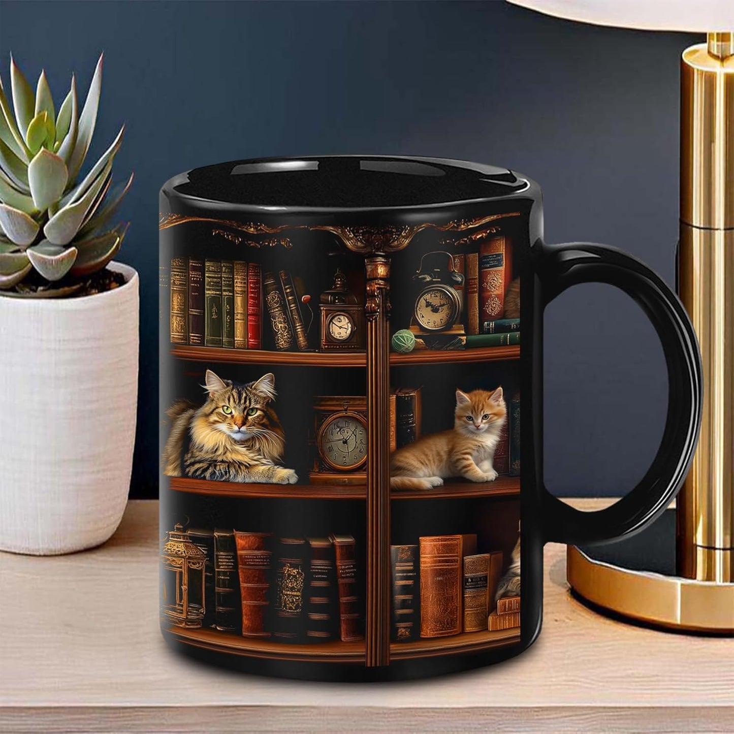 Book Lovers Gift - Bookshelf Gifts - Cat Book Mug - Bookish, Bookworm Gifts - Bookshelf Mug - Book Mug For Women, Reader, Librarian, Write - Birthday Gift Idea For Cat Lover, Owner Cat