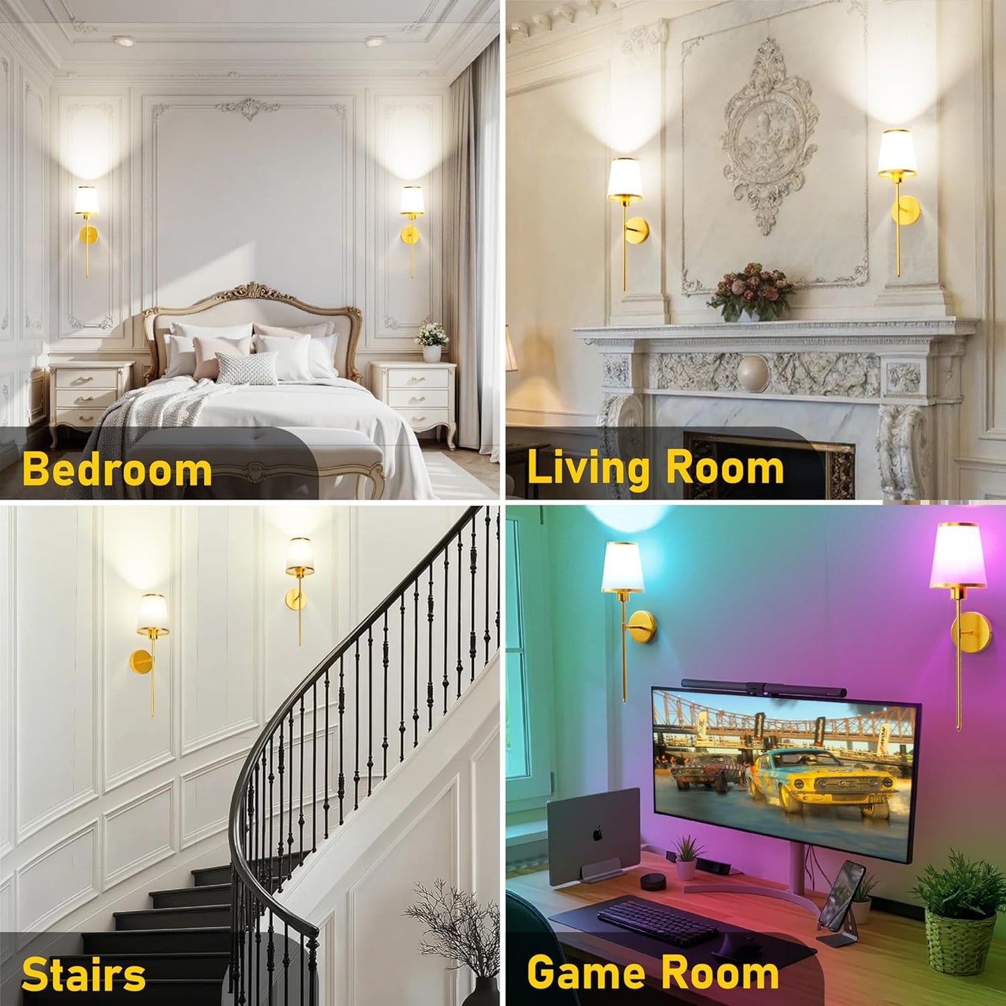 StarLume Battery Operated Wall Sconce Set of 2, LED Rechargeable Gold Wall Lights with 5200mAh Dimmable Bulbs and Remote,15 Colors Wireless Wall Lamps for Bedroom Living Room Hallway Decor