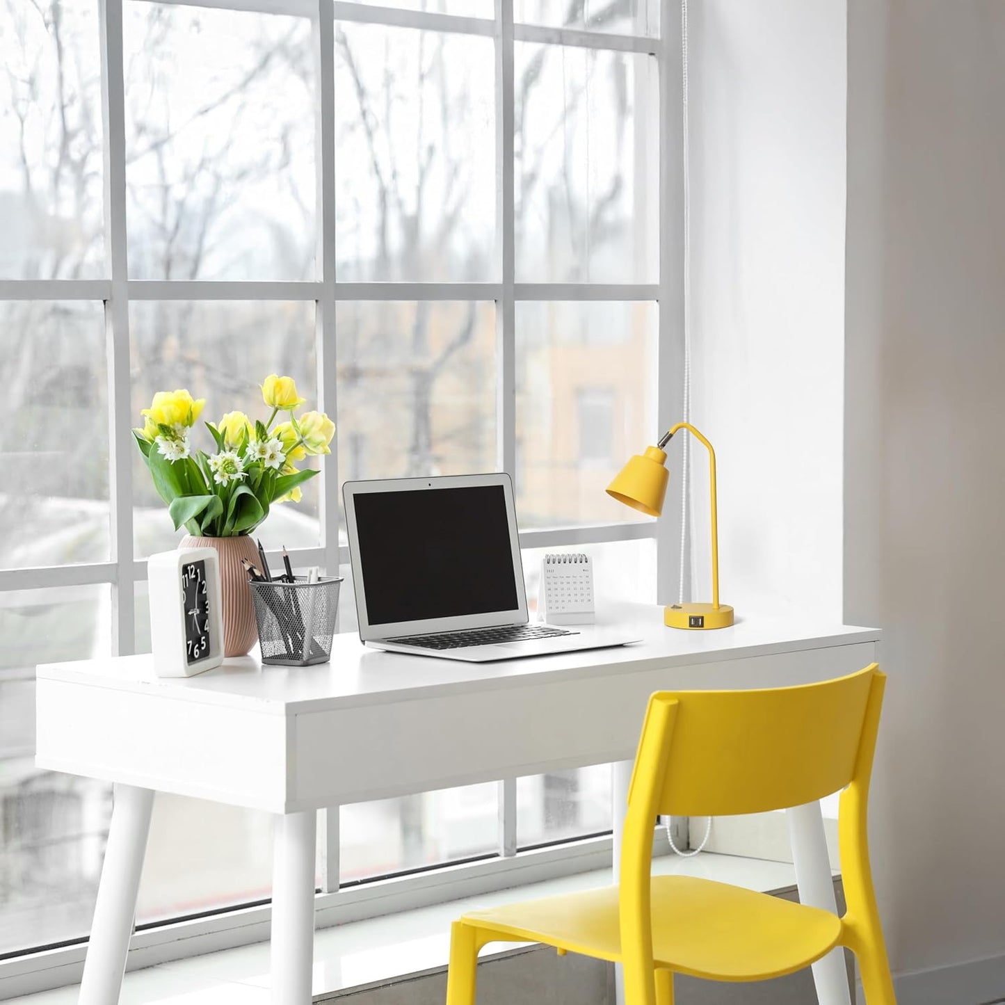 Simple Designs LD1071-YLW 16" Sleek Essentials Adjustable Metal Desk Task Lamp with Dual USB Ports, for Office, Desk, Nightstand, Dorm, Yellow