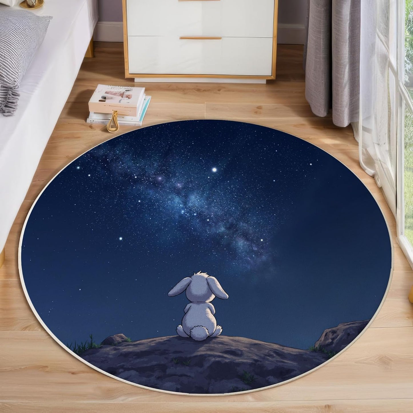 Round Area Rug, 5.25Ft Washable Non-Slip Dark Blue Cute Rabbit Starry Sky Circle Rug, Soft Low-Pile Milky Way Landscape Indoor Small Circular Carpet for Bedroom Entryway Dining Living Room
