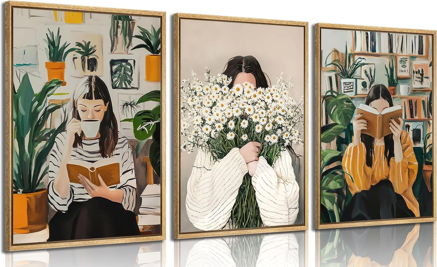 3Pcs Emerald Green Abstract Figure Wall Art Fashion Reading Woman and With Daisies Bouquet Poster Wall Decor Retro Picture Stripe Female Portrait Paintings for Living Room Bedroom 16x24in Unframed