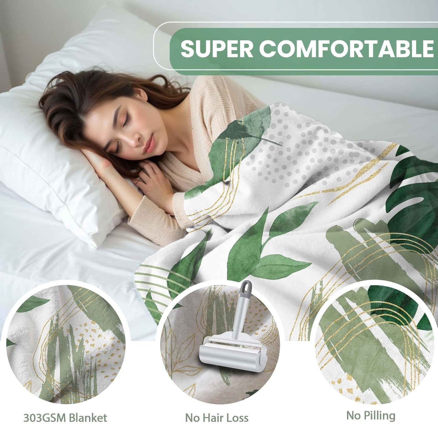 Sage Green Leaf Twin Blanket Mid-Century Green and Gold Boho Flannel Blankets for Bed Living Room Sofa, Decorative Patterned Super Soft Cozy, 60x80 in