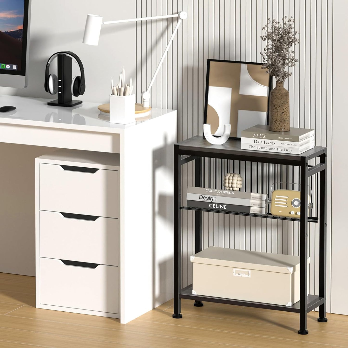Side Table for Small Spaces, Narrow End Table with Magazine Holder, 2 in 1 Design Slim Side Table, Skinny Nightstand for Living Room Bedroom, Thin Side Magazine Table, Grey