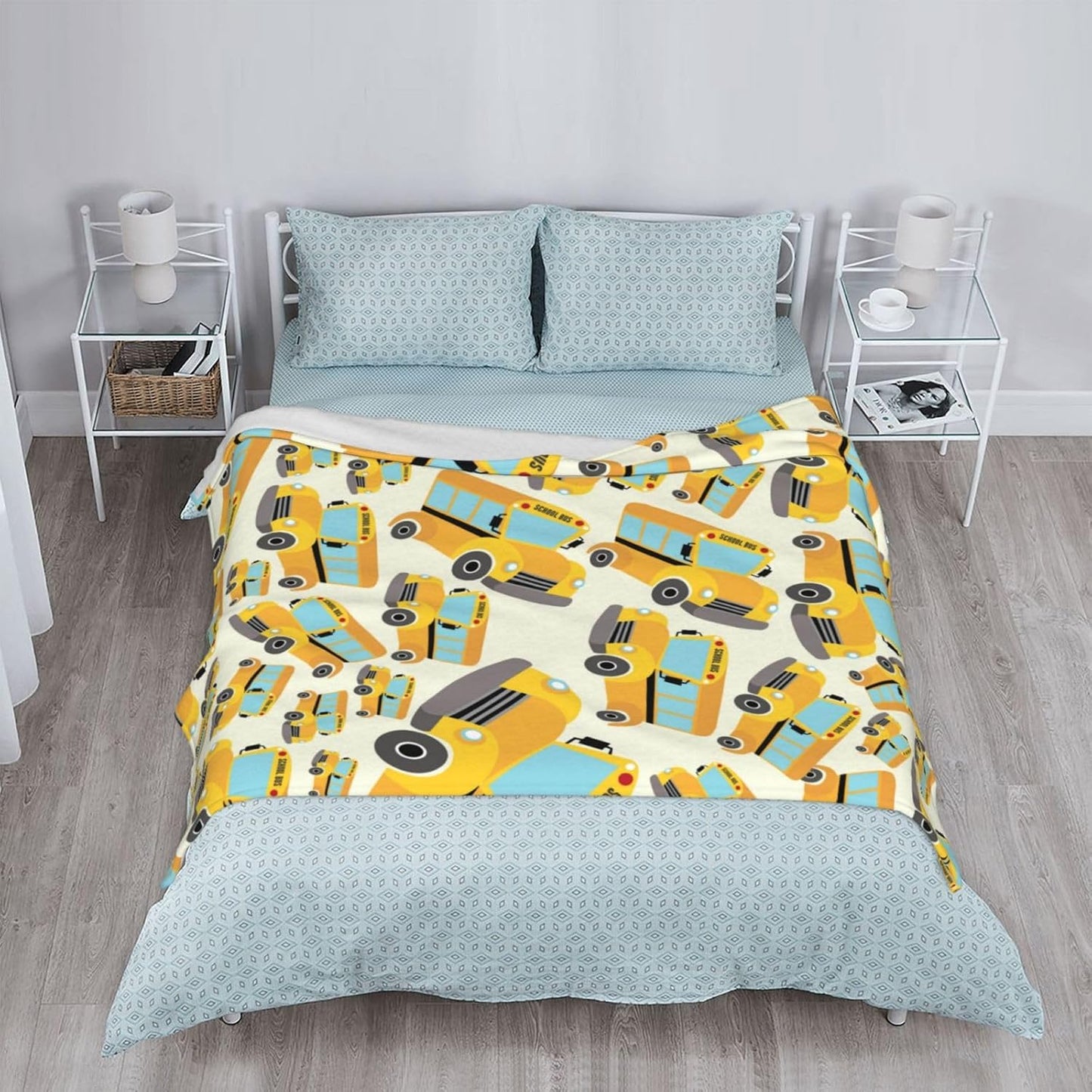 School Bus Soft Flannel Fleece Throw Blanket, Vehicle Illustrations Background Pattern for Kids, Cozy Plush for Indoor and Outdoor Use Lightweight Blanket 60"x80"