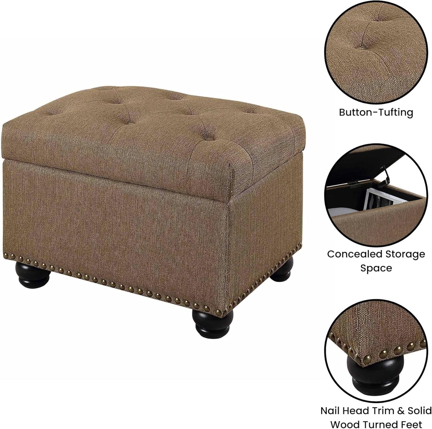 Convenience Concepts Designs4Comfort 5th Avenue Upholstered Storage Ottoman 24" - Contemporary Foot Stool and Seat with Hinged Lid for Living Room, Dining Room, Office, Den, Sandstone Fabric